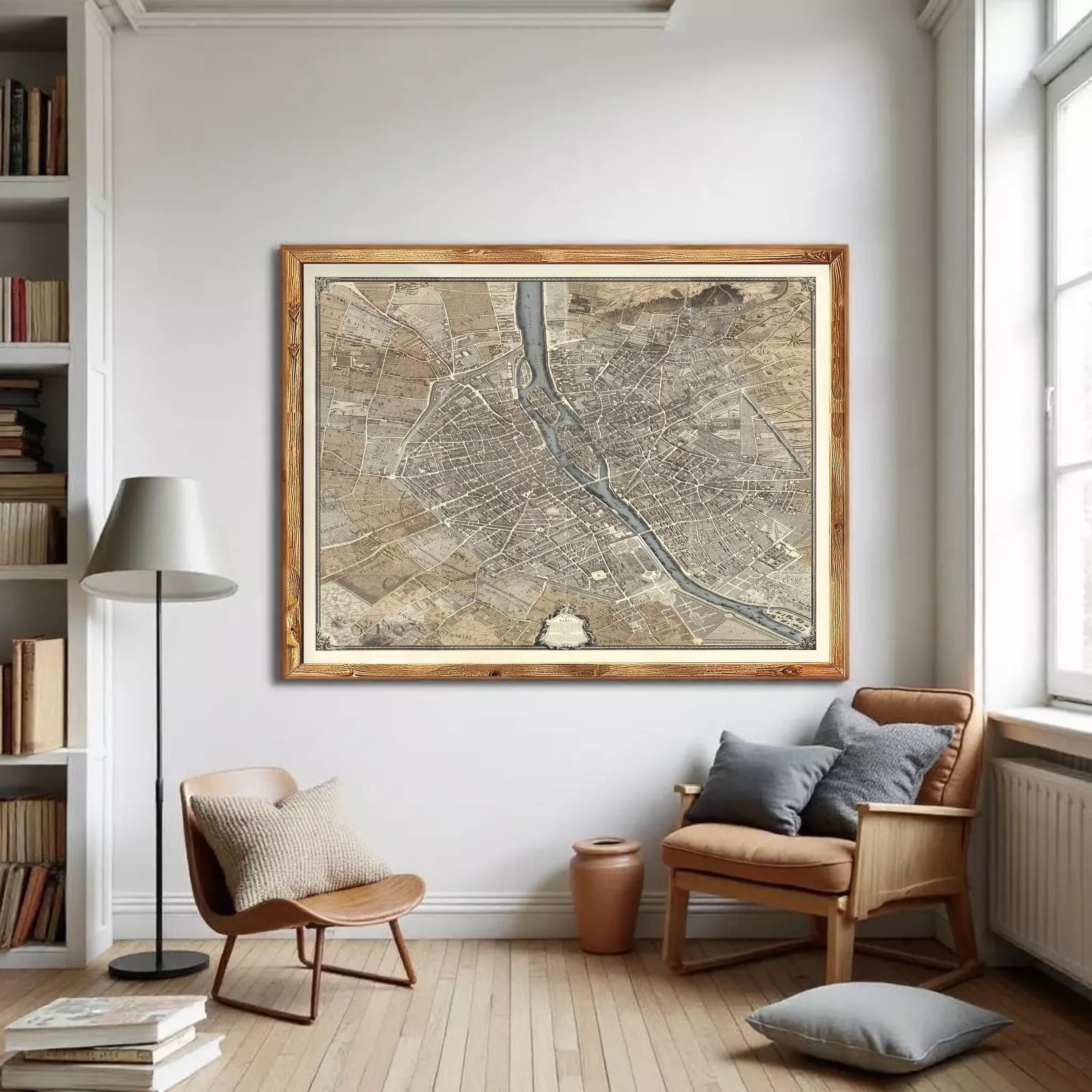 The image is a framed map of a city, likely Paris, with a detailed and intricate layout of streets, rivers, and other landmarks.