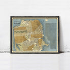 The image is a framed vintage map of San Francisco, California, depicting the city's streets and surrounding areas.