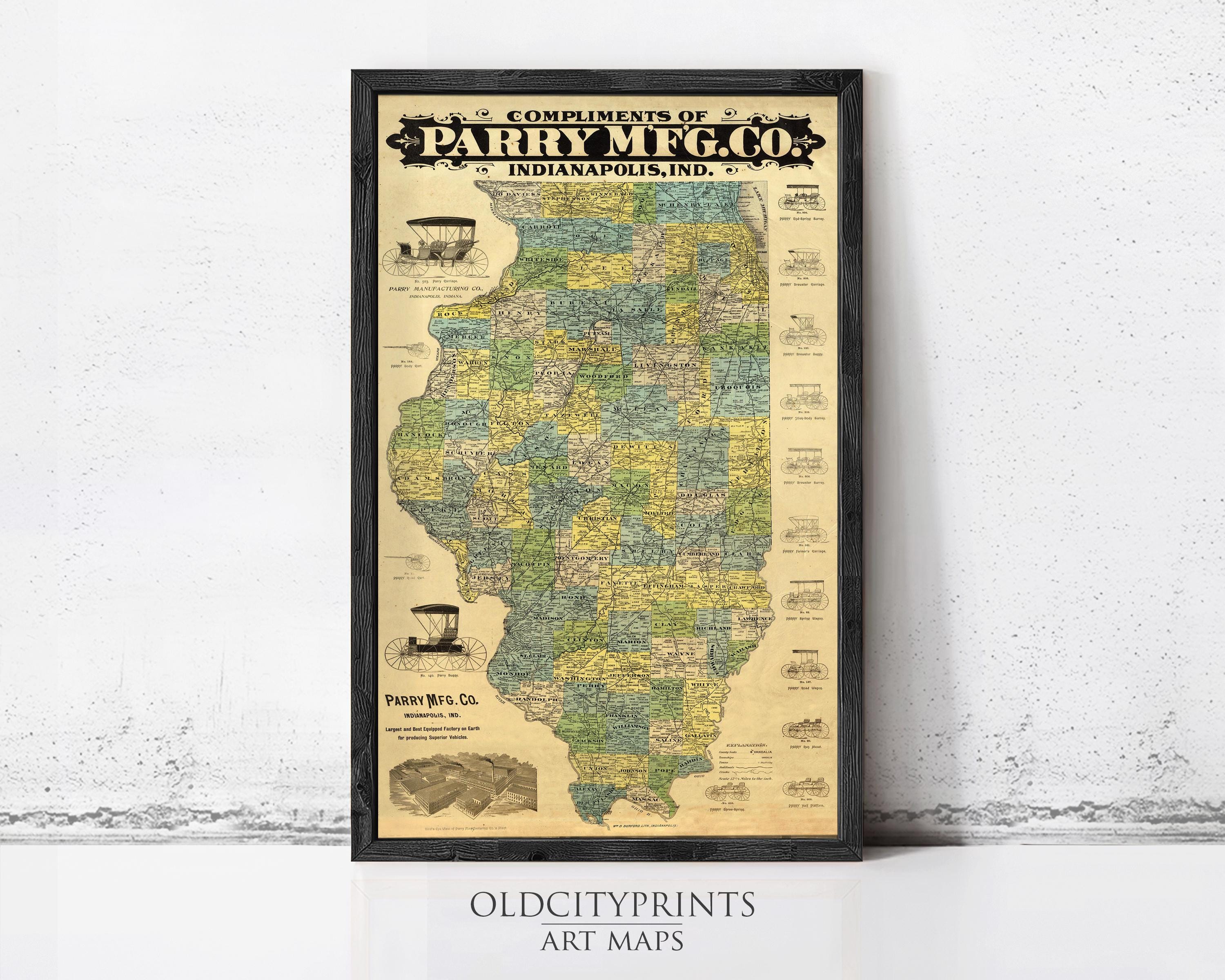 A framed vintage map of Illinois, with various regions and labels, is displayed against a white wall.