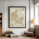 The image is a framed map of Denmark, showing the country's geographical layout and surrounding areas.