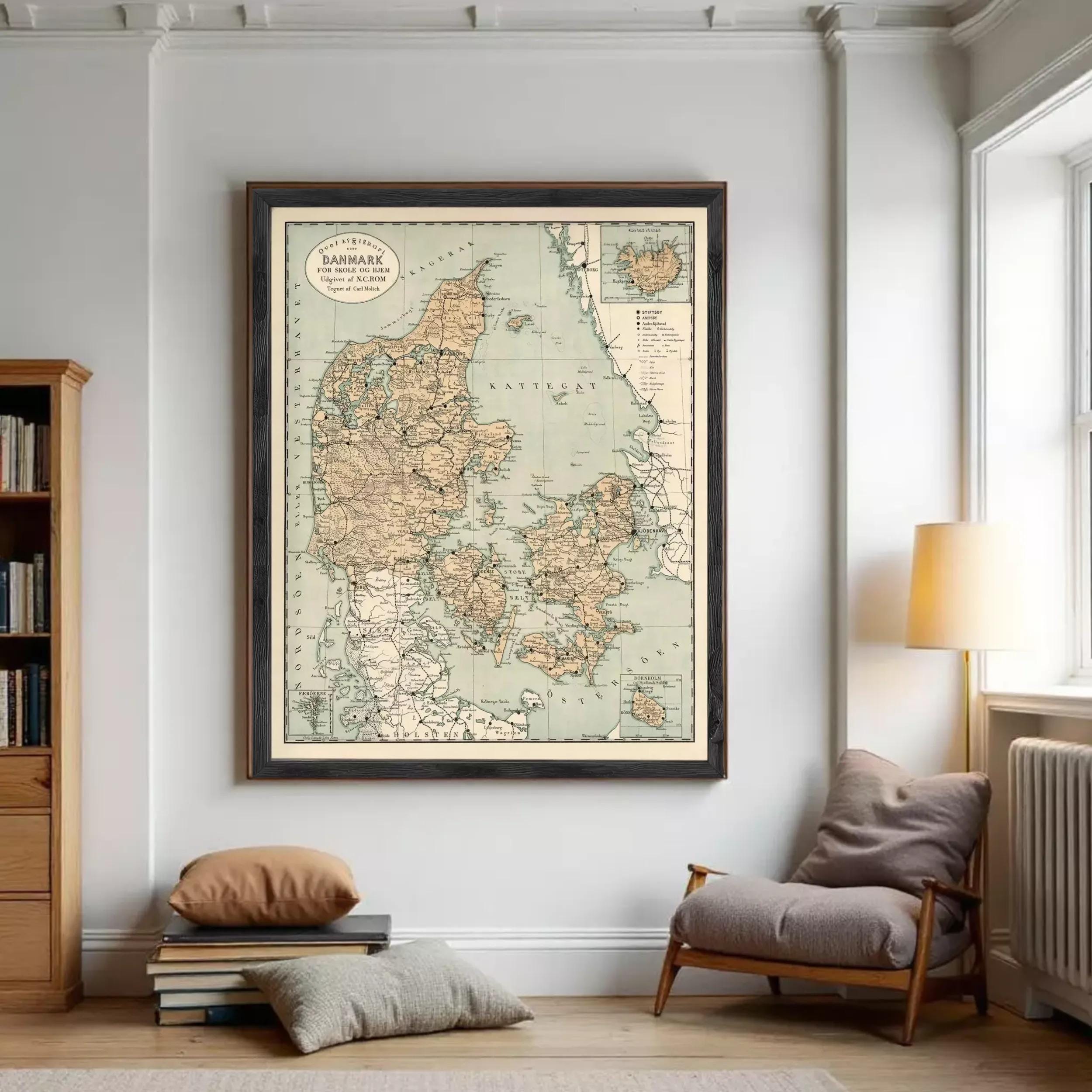 The image is a framed map of Denmark, showing the country's geographical layout and surrounding areas.