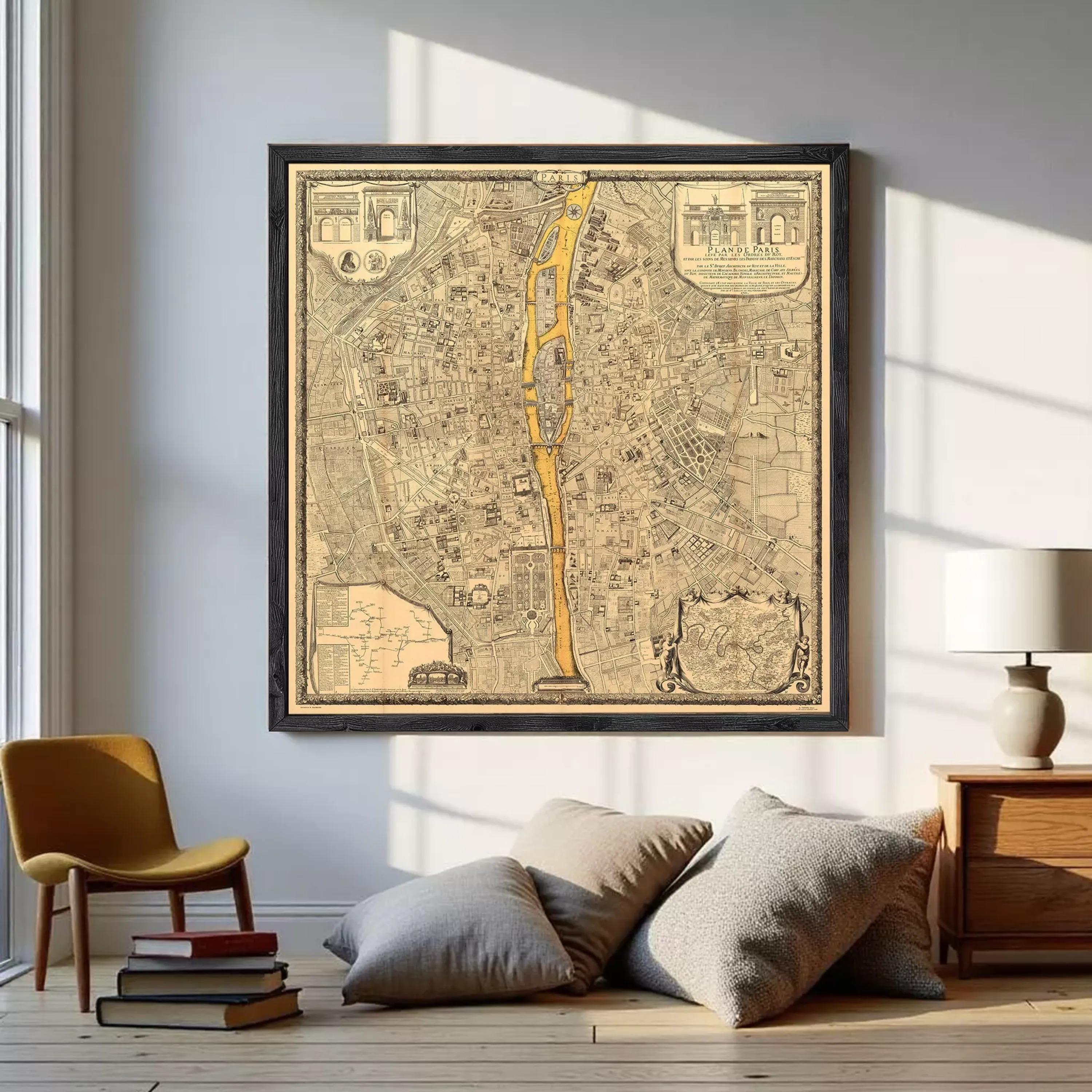 The image is a framed vintage map of a city, depicting a detailed layout of streets, buildings, and other urban features.