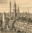A detailed black and white illustration depicting a cityscape with tall buildings, domed structures, and a church spire in the distance.