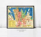 The image is a framed art map of Sydney, Australia, depicting the city's streets, landmarks, and surrounding areas.