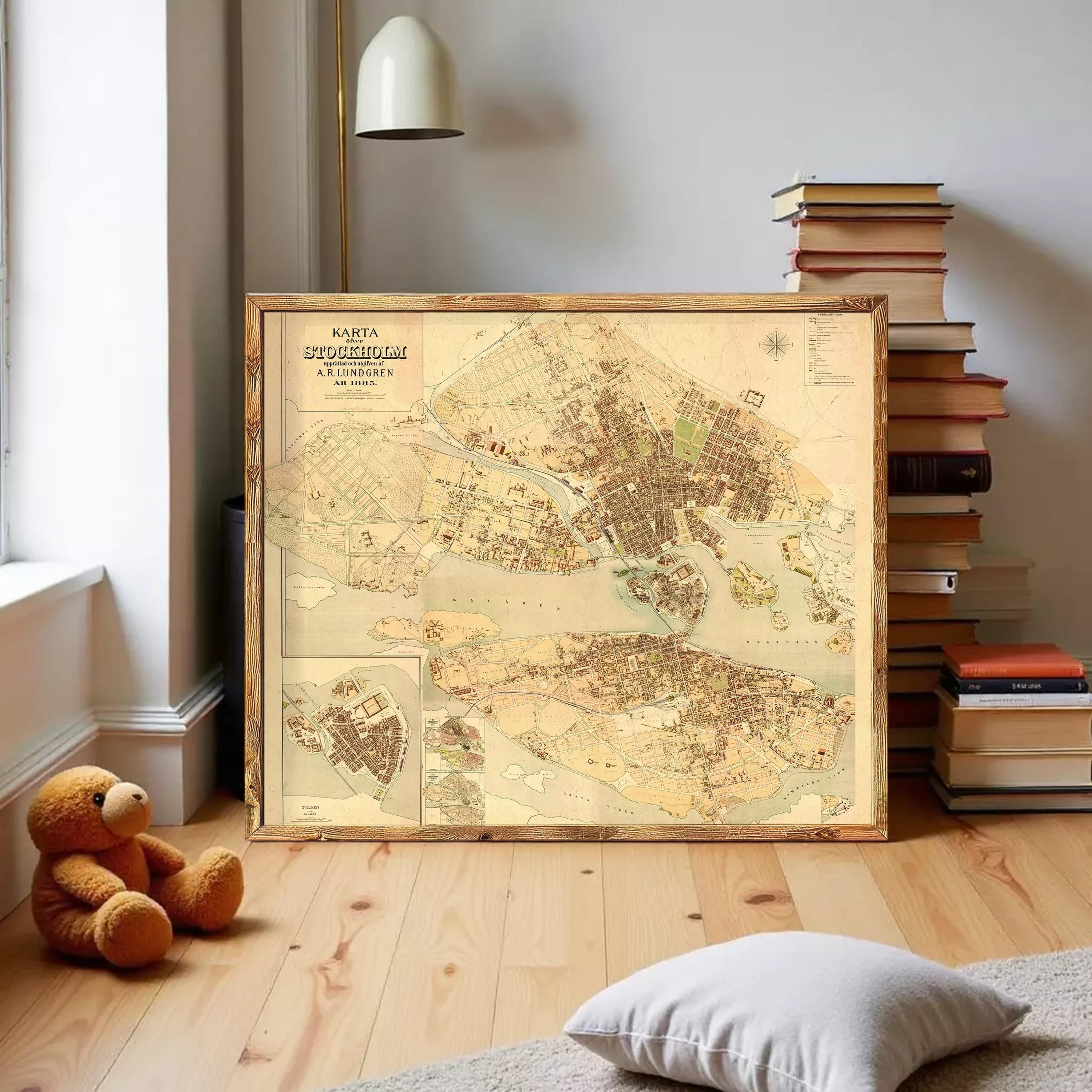 The image is a framed vintage map of a city, likely from the 19th century, depicting the city's layout and surrounding areas.