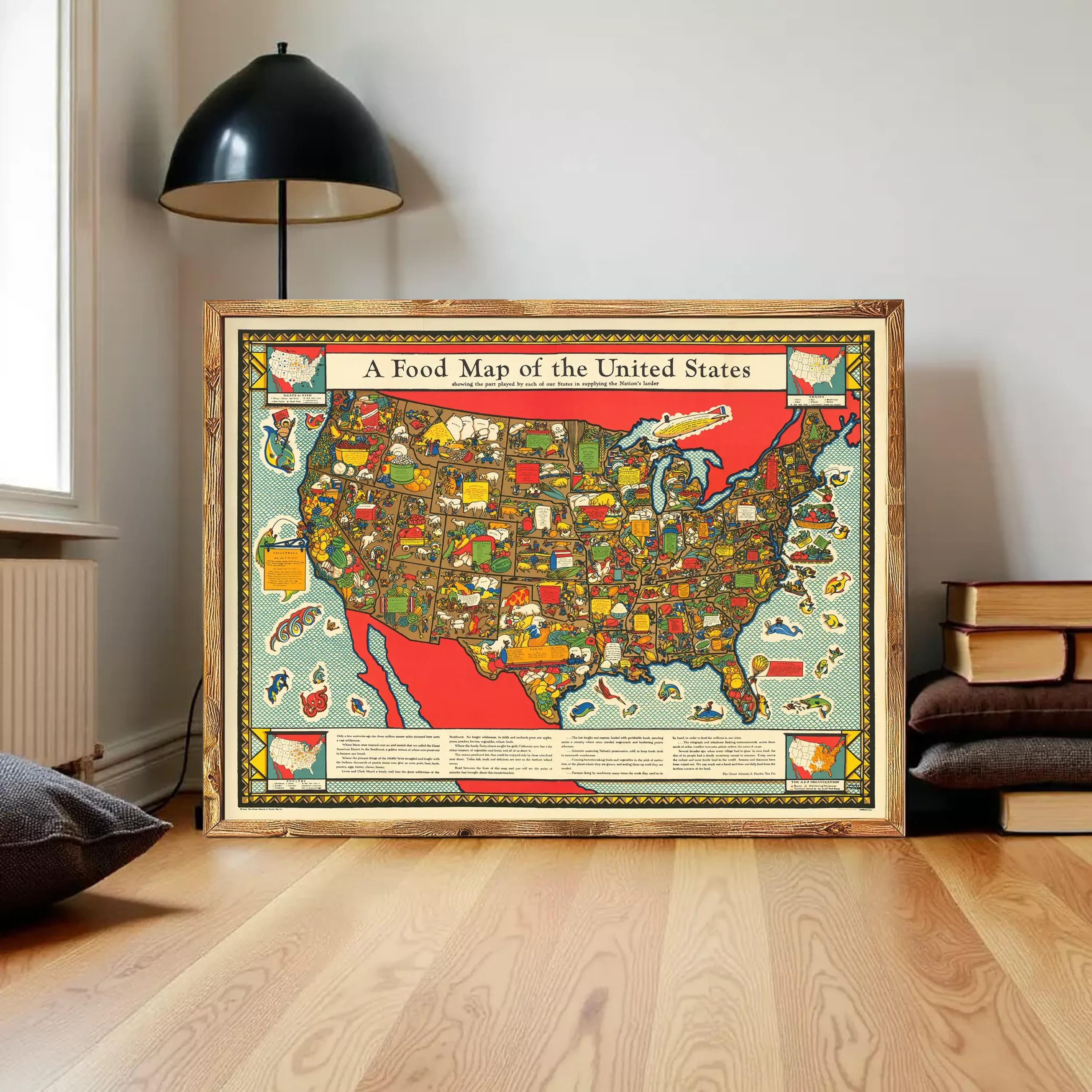 A framed illustration of a colorful map of the United States, depicting various food-related icons and labels.