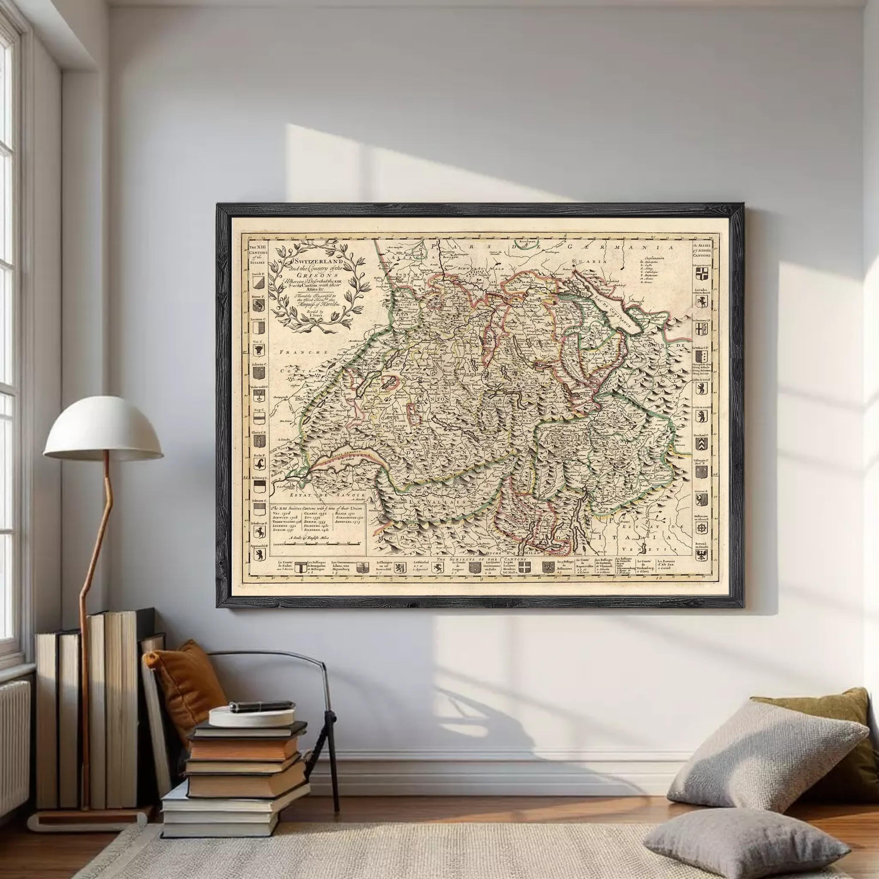 The image is a framed antique map of Europe, featuring detailed geographical information and various symbols and labels.