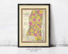 A framed antique map of the state of Mississippi, with a vintage color palette and detailed geographical information.
