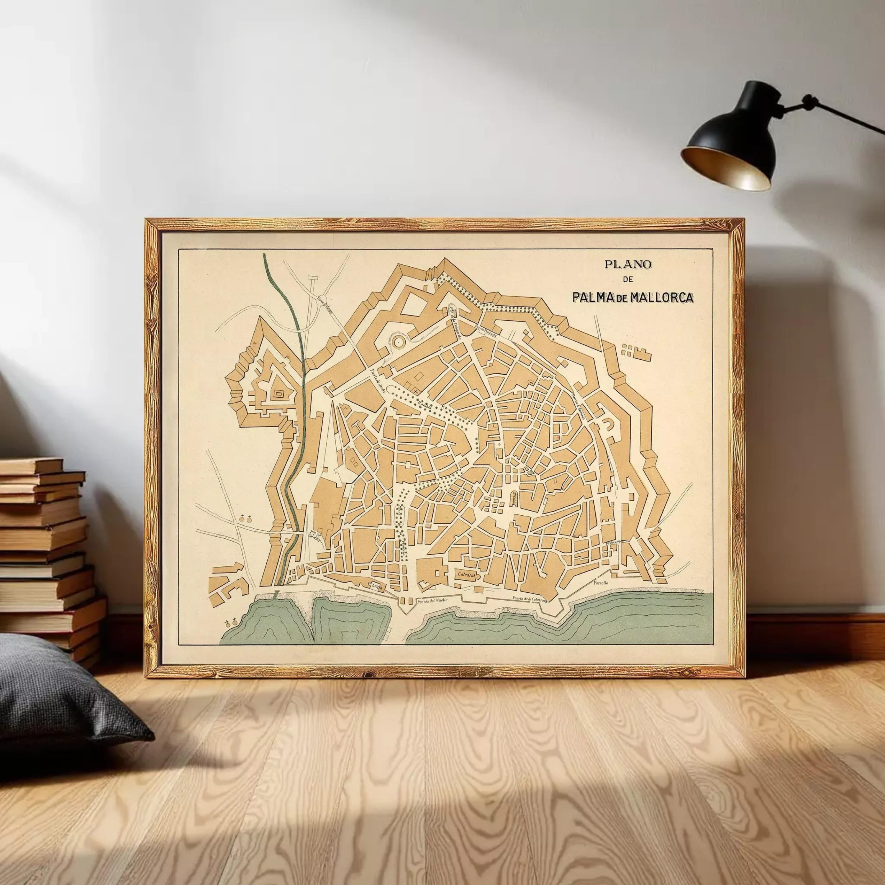 The image is a framed map of Palma de Mallorca, Spain, depicting the city's layout and surrounding areas.