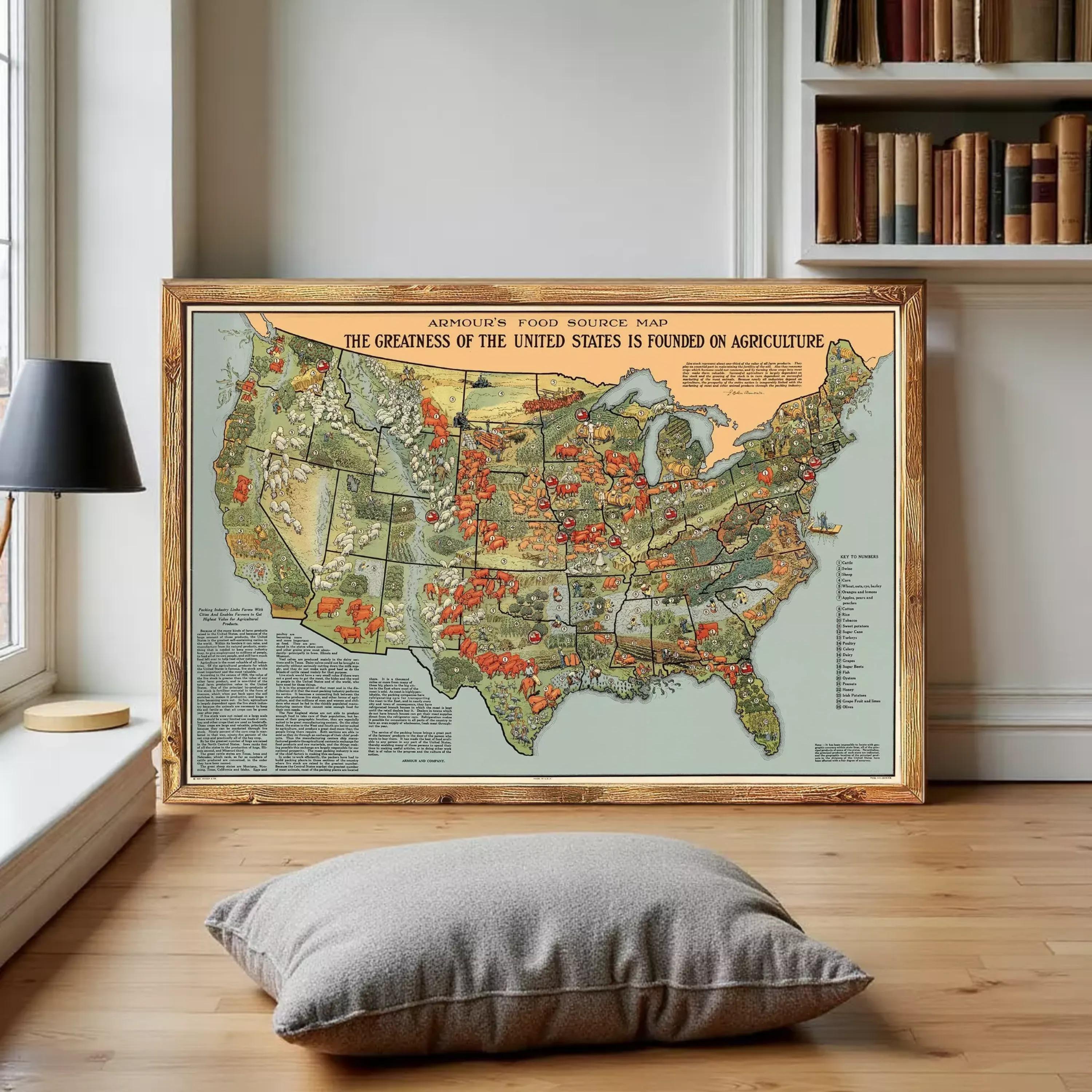 The image is a framed poster depicting a map of the United States, highlighting the country's agricultural production.