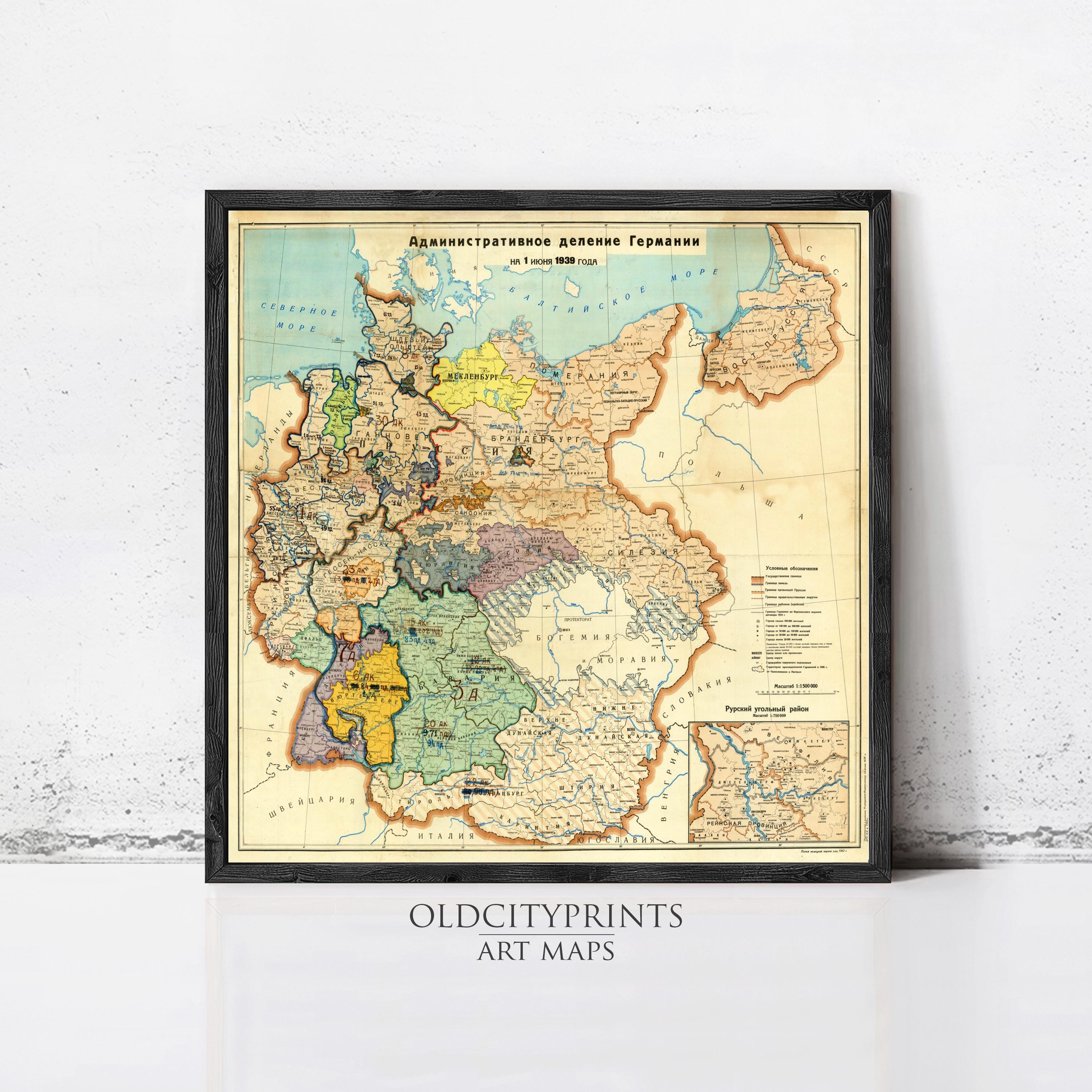 The image is a framed vintage map of Europe, depicting the territorial boundaries and political divisions of the continent during the 19th century.