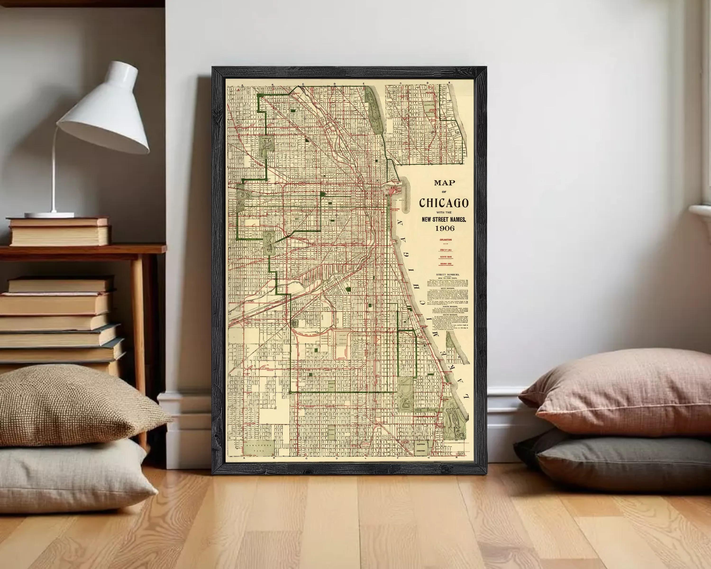 The image is a framed vintage map of Chicago, Illinois, depicting the city's streets and transportation system.