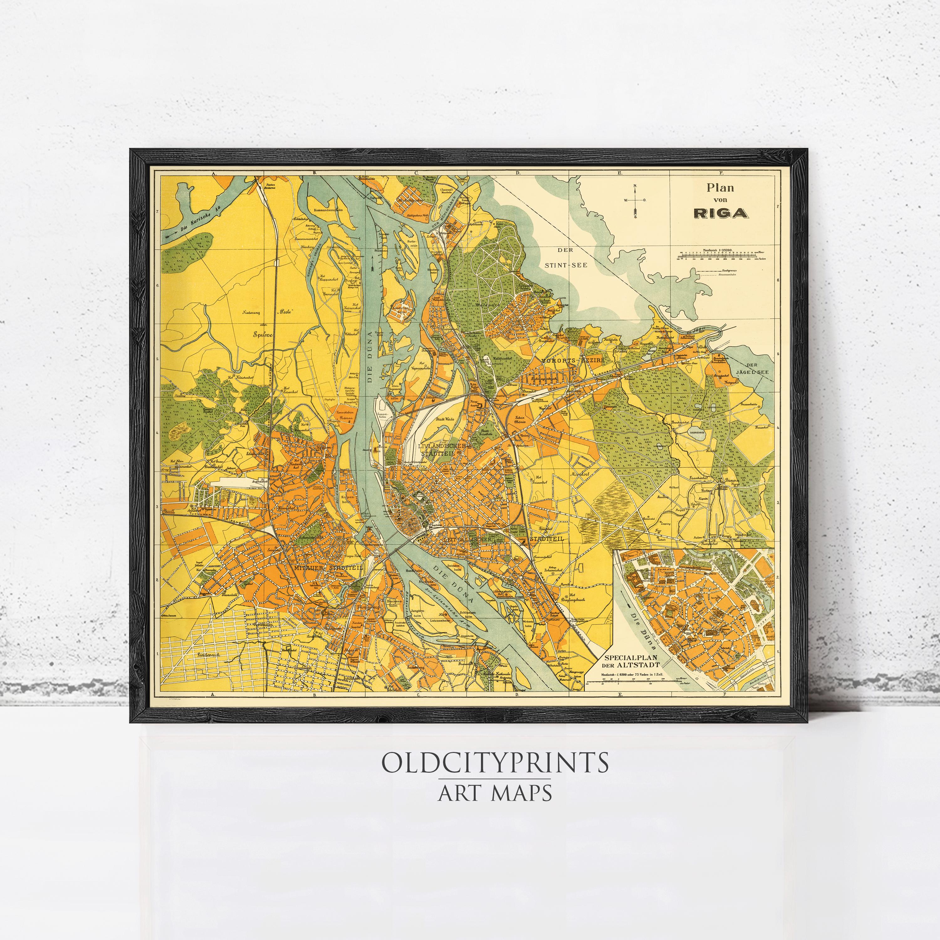 The image is a framed vintage map of Riga, Latvia, depicting the city and surrounding areas in a detailed and colorful manner.
