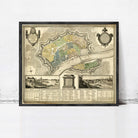 The image is a framed antique map of a city, depicting various landmarks and streets.