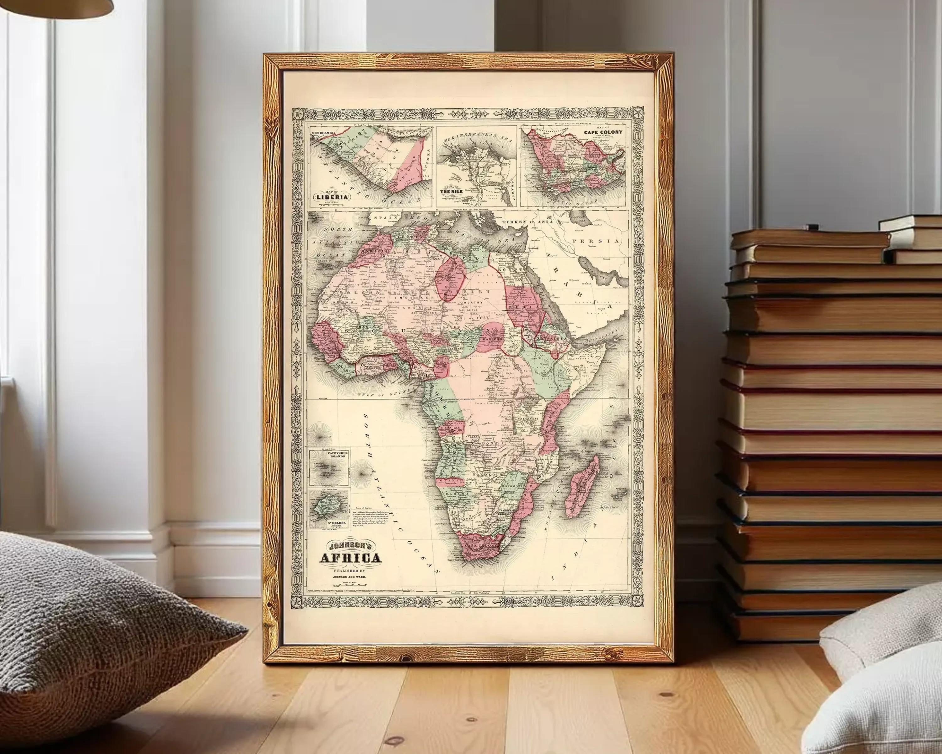 The image is a framed vintage map of Africa, depicting the continent in a detailed and colorful manner.