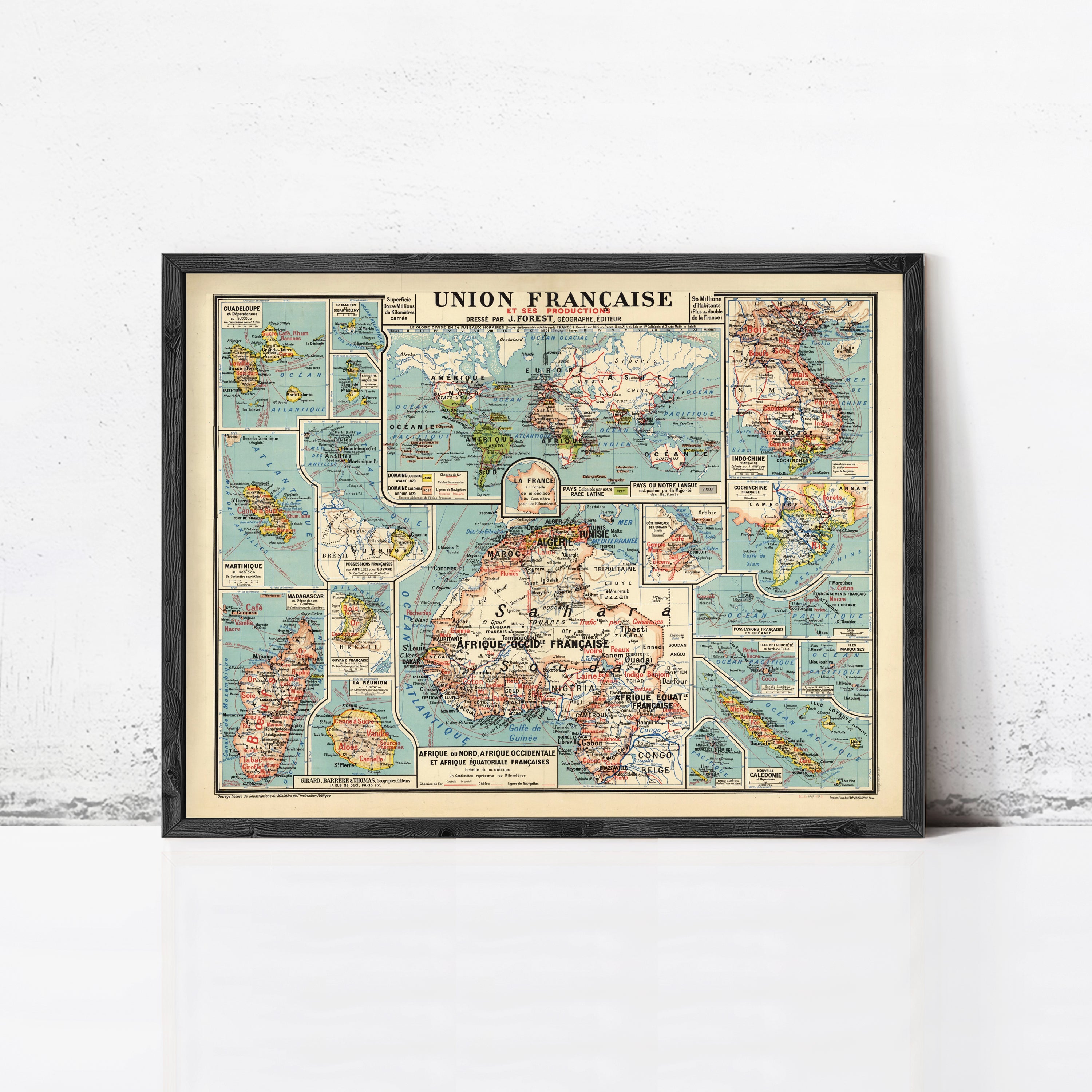 The image is a framed vintage map of France, depicting various regions and islands across the country.