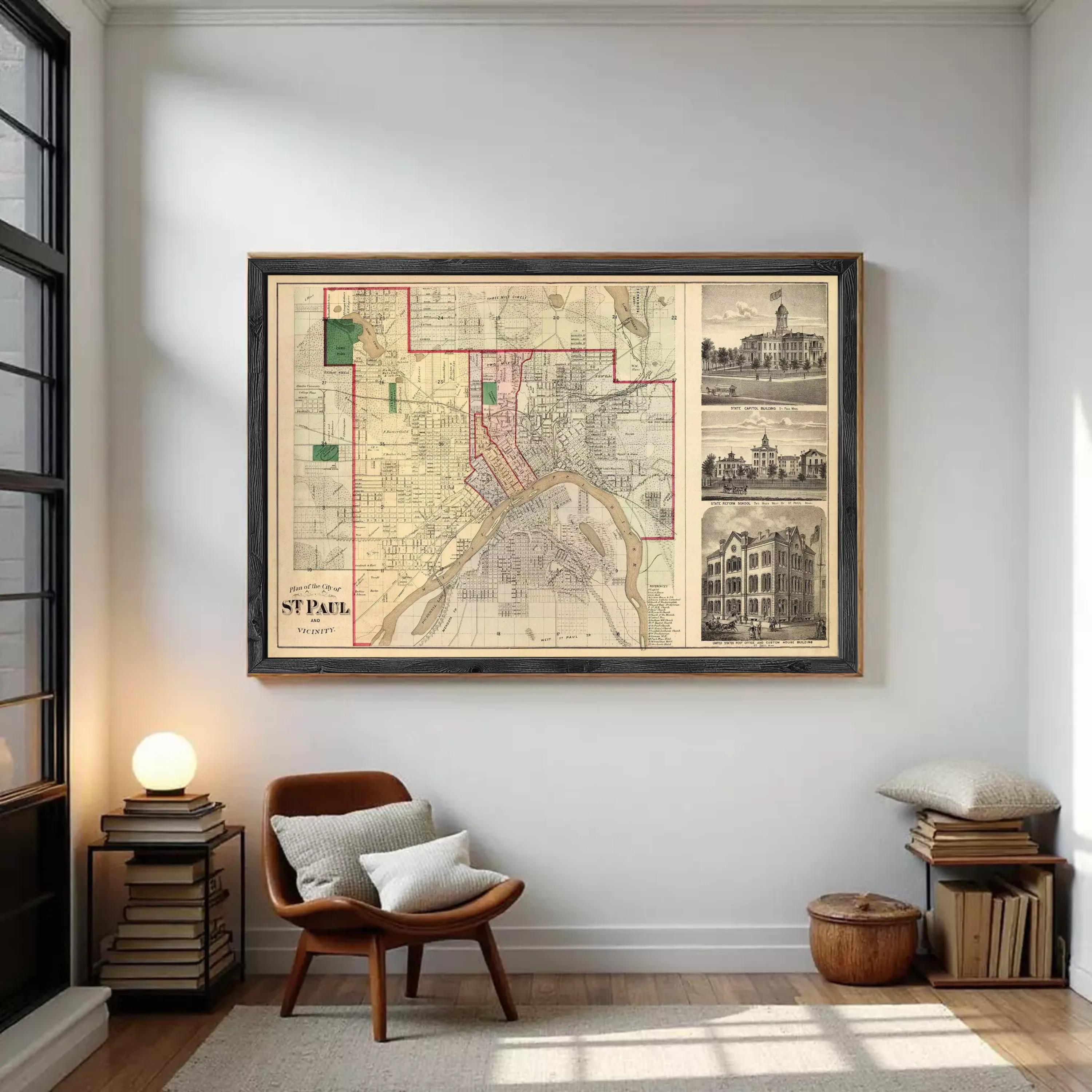 The image is a framed vintage map of St. Paul, Minnesota, showing the city's layout and surrounding areas.