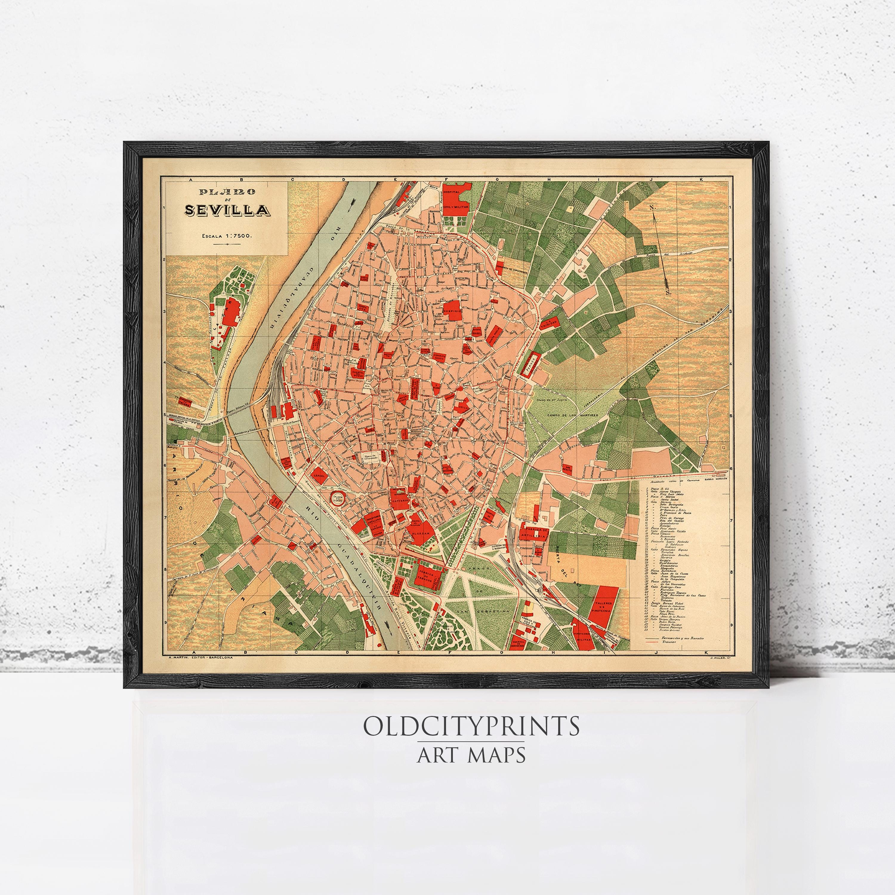 The image is a framed vintage map of Seville, Spain, depicting the city's layout and surrounding areas.
