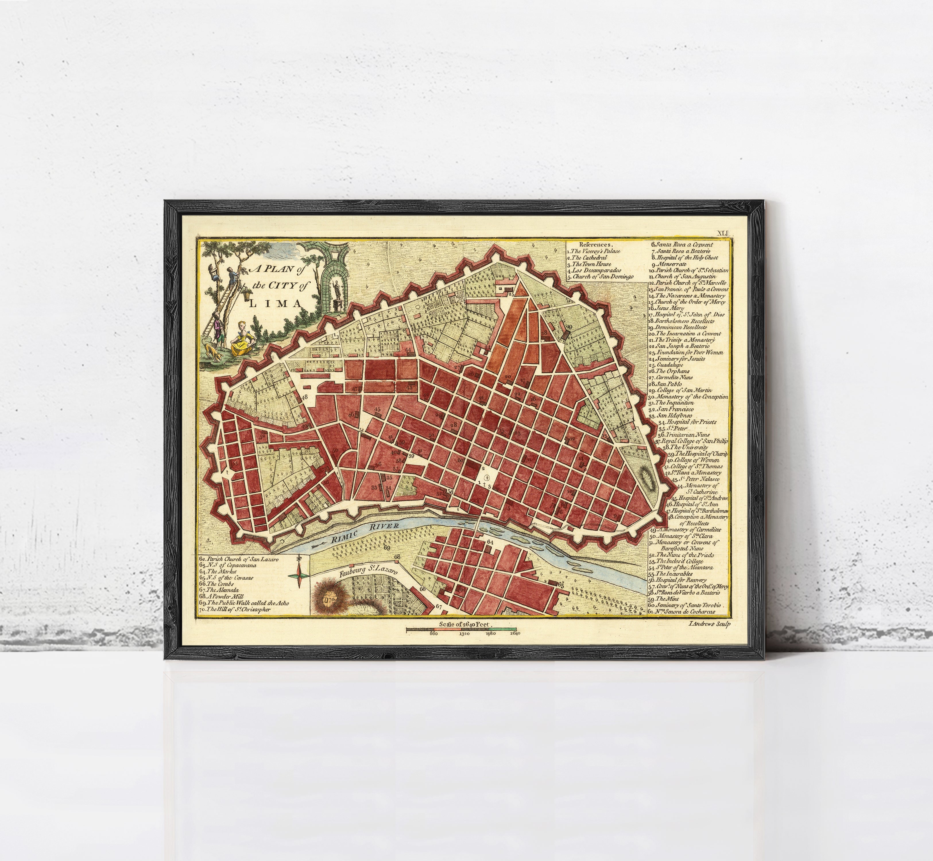 The image is a framed map of the city of Lima, showing the layout of the streets, buildings, and other urban features.