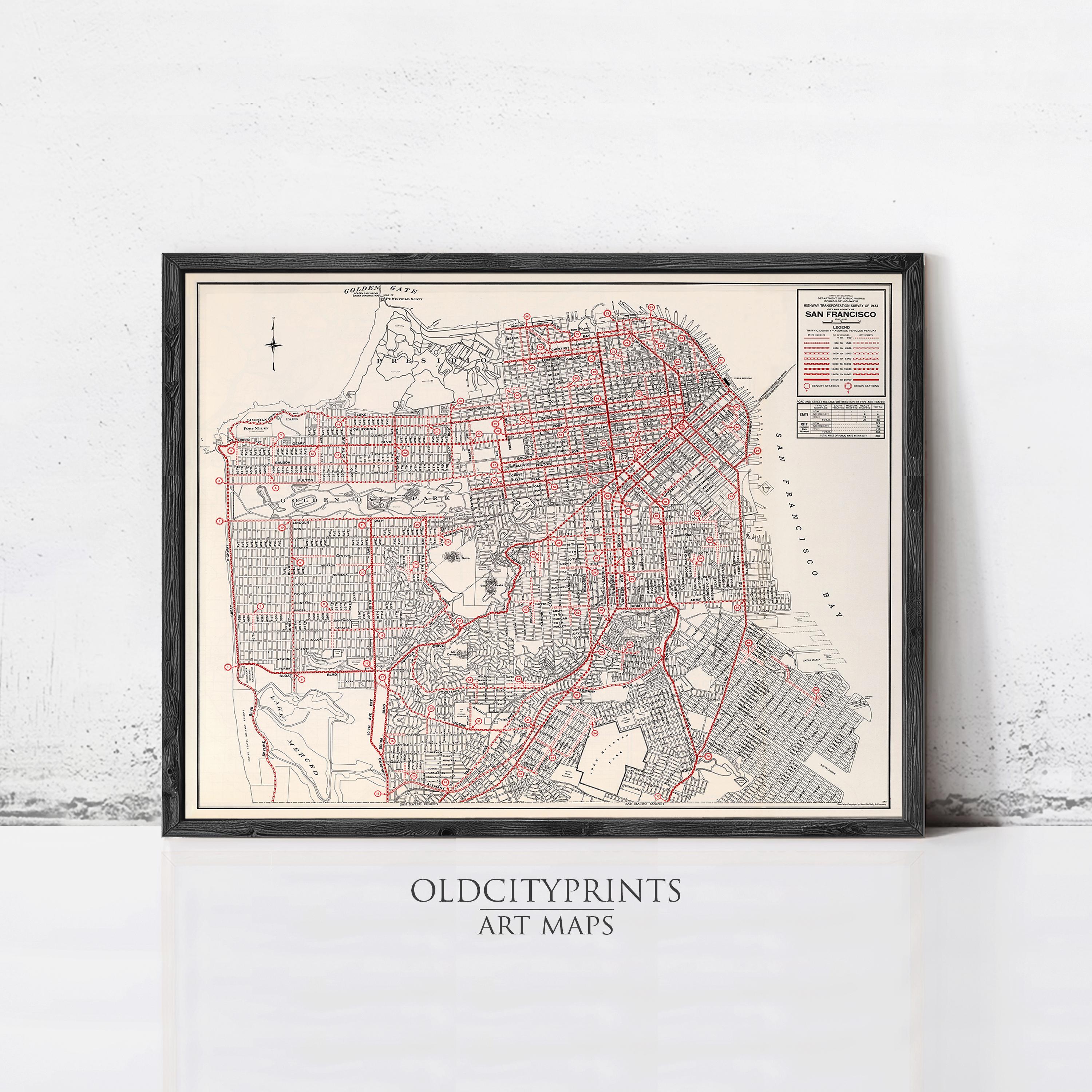 The image is a framed art print depicting a detailed map of San Francisco, California.