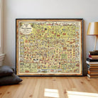 The image is a framed vintage map of Hollywood, California, depicting various landmarks, streets, and people in a detailed and colorful manner.