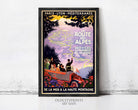 The image is a vintage travel poster advertising a route to the Alps, featuring a car and people traveling through a scenic landscape.