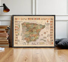 The image is a framed map of Spain, with various symbols and labels indicating different regions and zones within the country.