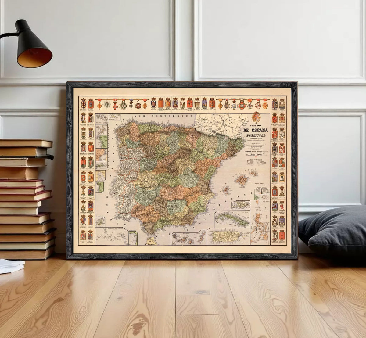 The image is a framed map of Spain, with various symbols and labels indicating different regions and zones within the country.