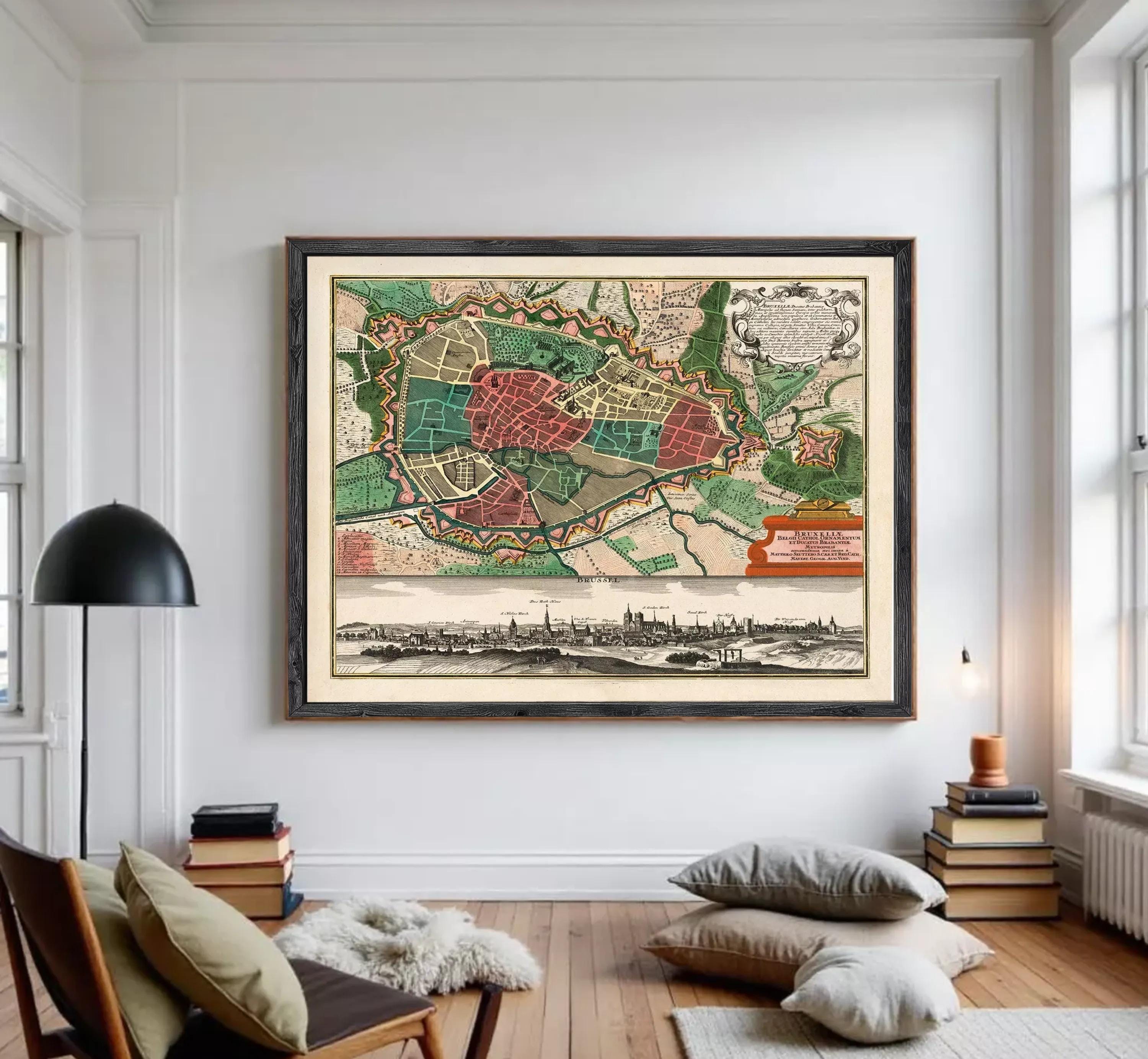 The image is a framed vintage map of a city, depicting a detailed layout of streets, buildings, and other urban features.