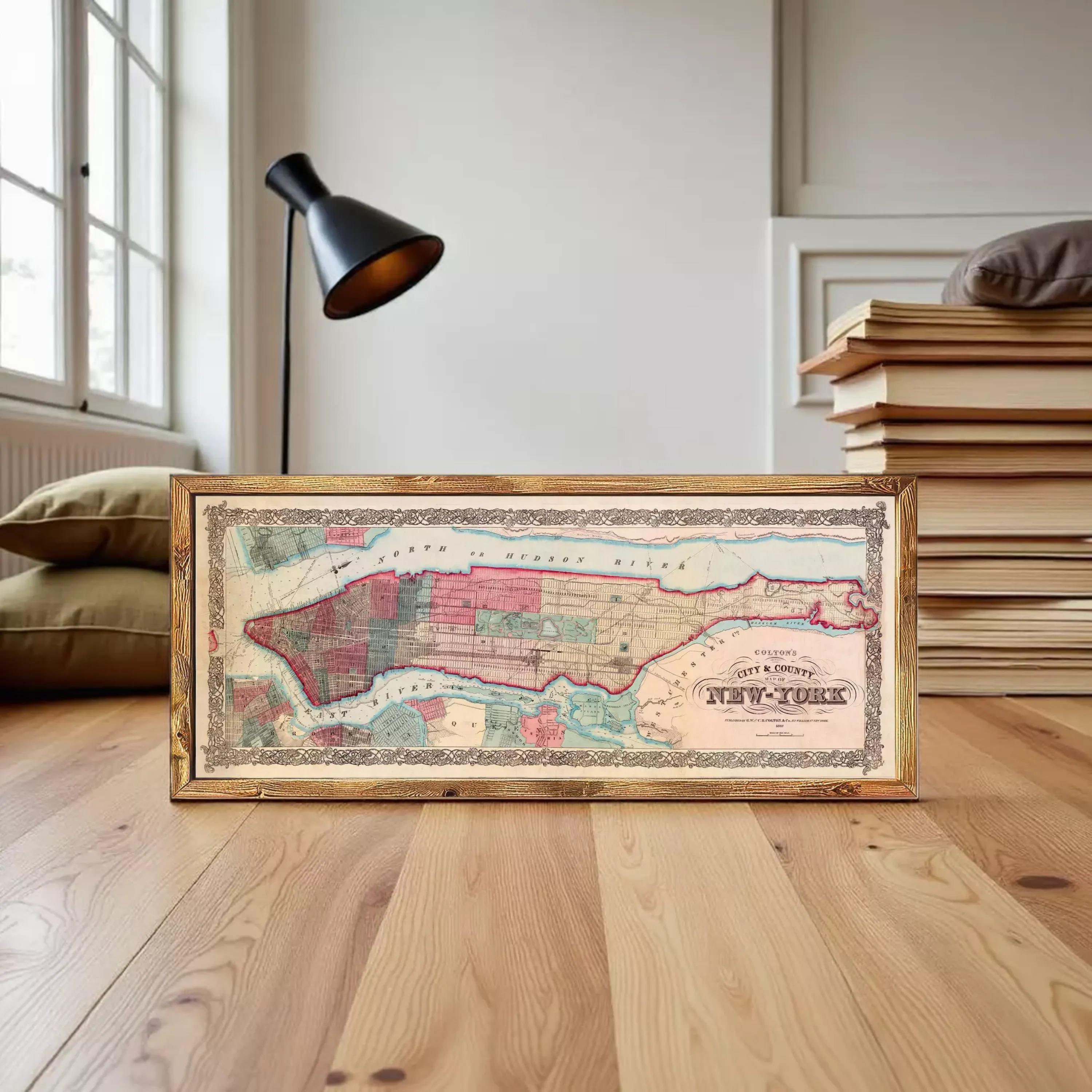 A framed map of New York City from the year 1848, depicting the city's layout and surrounding areas.