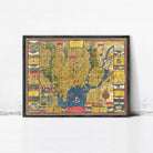 The image is a framed vintage map of a city, likely New York, with various landmarks and streets depicted in a colorful and detailed manner.