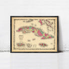 The image is a framed vintage map of Cuba, depicting the country in a detailed and colorful manner.