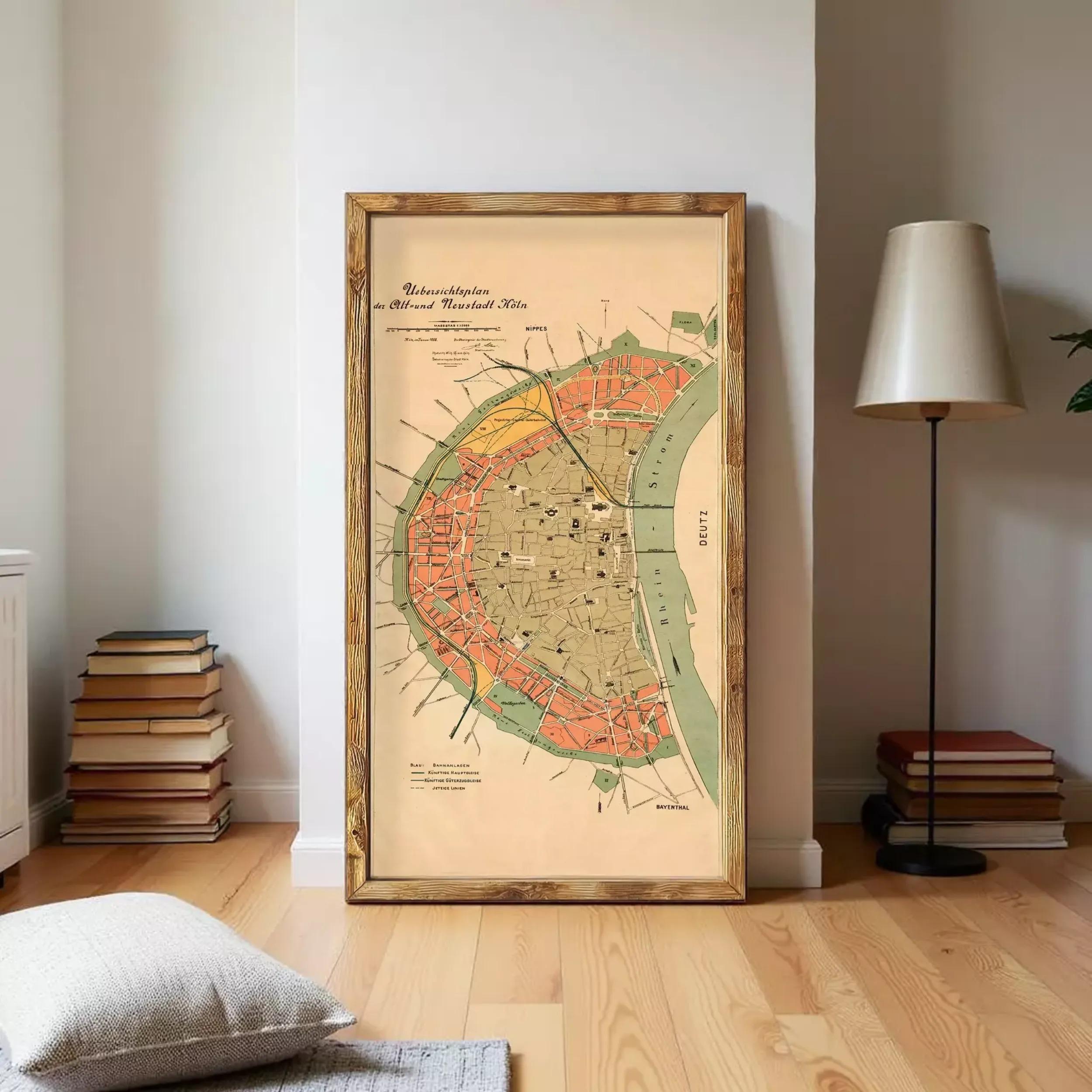 The image is a framed map of a city, likely a historical or geographical map, displayed on a wall.
