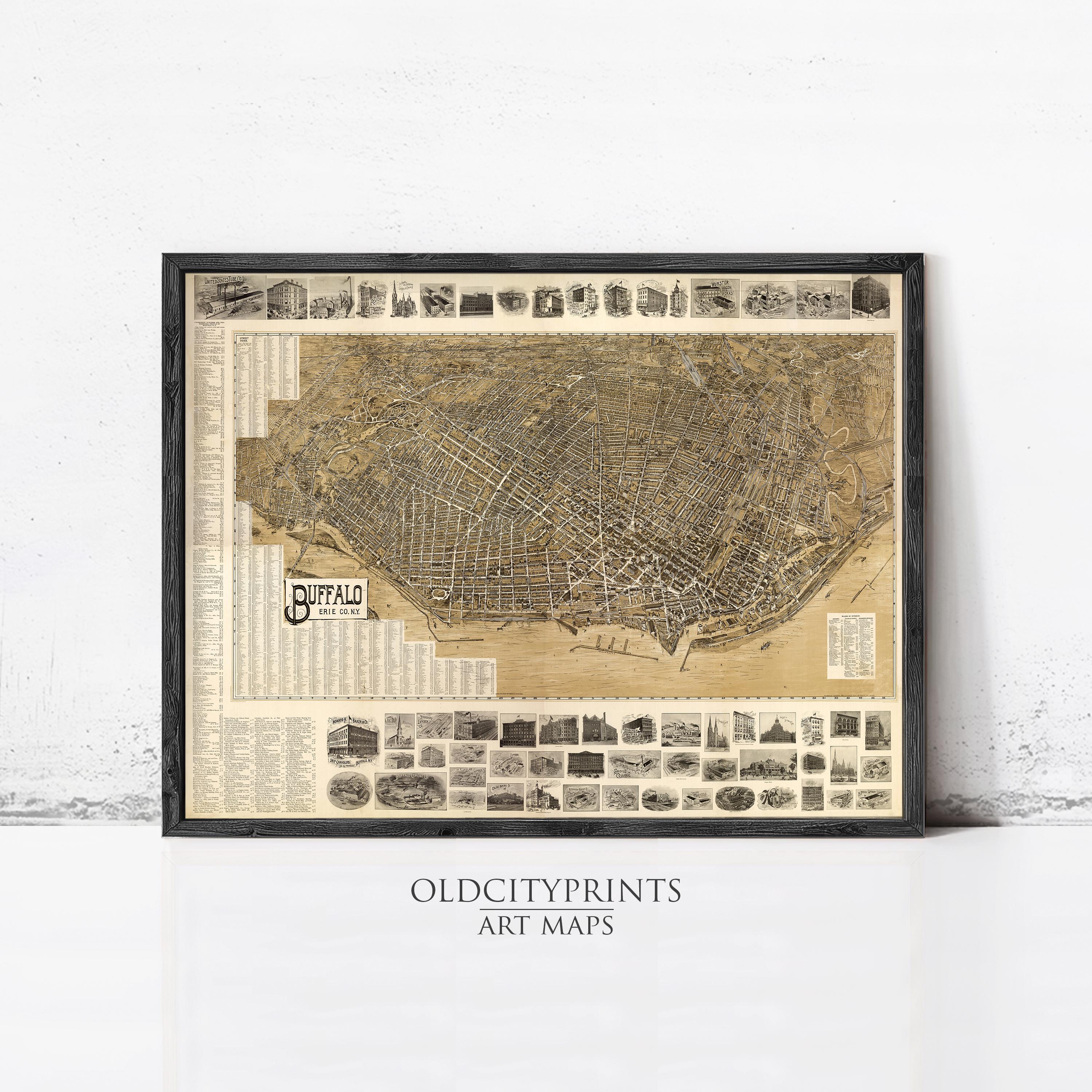 The image is a framed vintage map of Buffalo, New York, with various landmarks and streets depicted in a detailed and intricate manner.