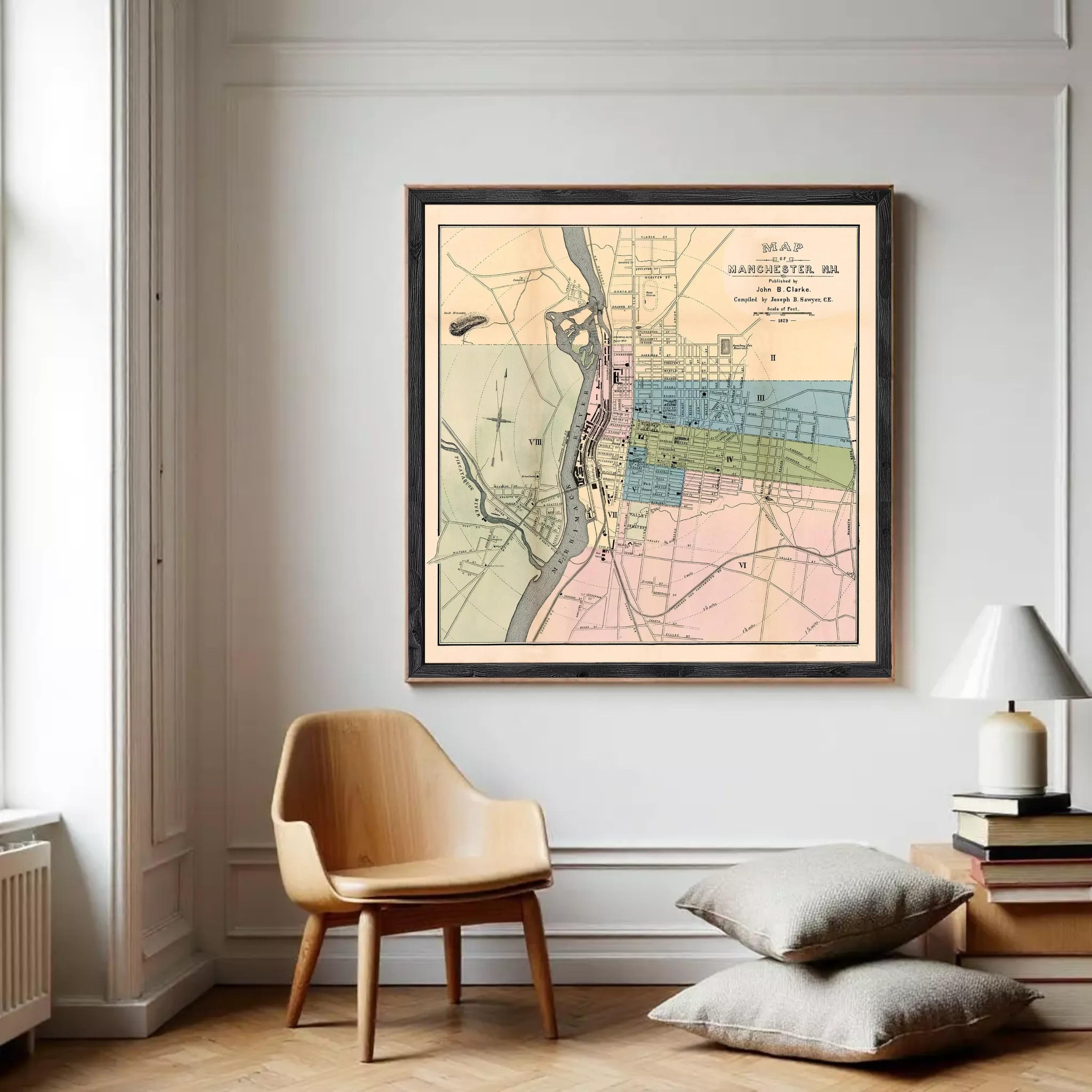 The image is a framed vintage map of Manchester, New Hampshire, showing the layout of the city and surrounding areas.
