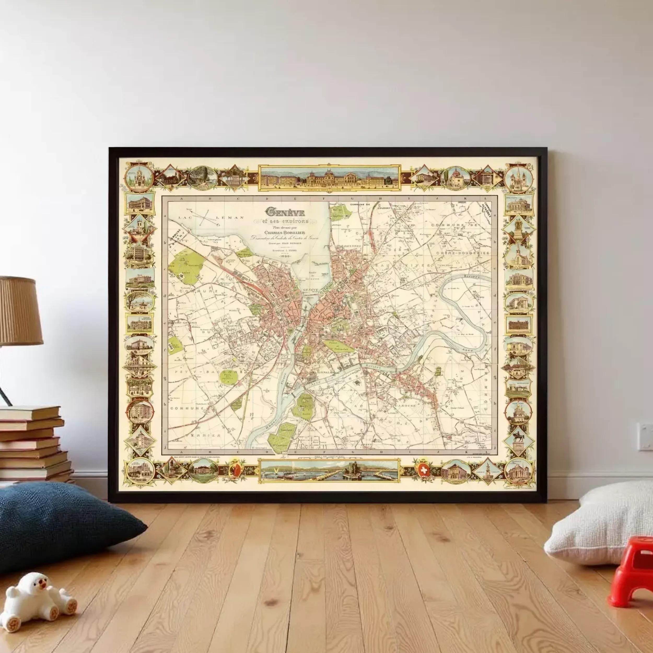 The image is a framed vintage map of a city, likely Genoa, with various landmarks and streets depicted.
