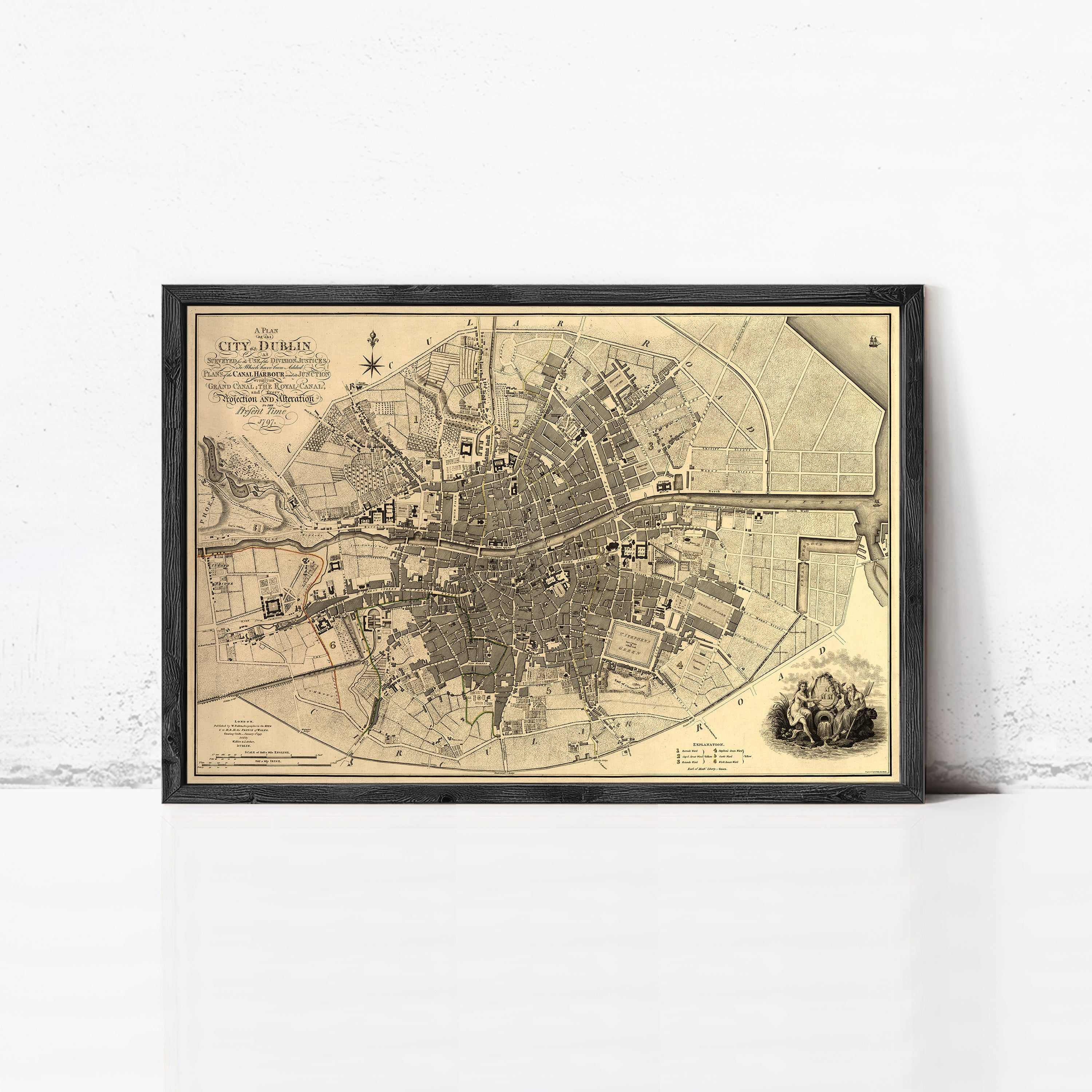 The image is a framed historical map of a city, likely Dublin, Ireland, dated 1750.