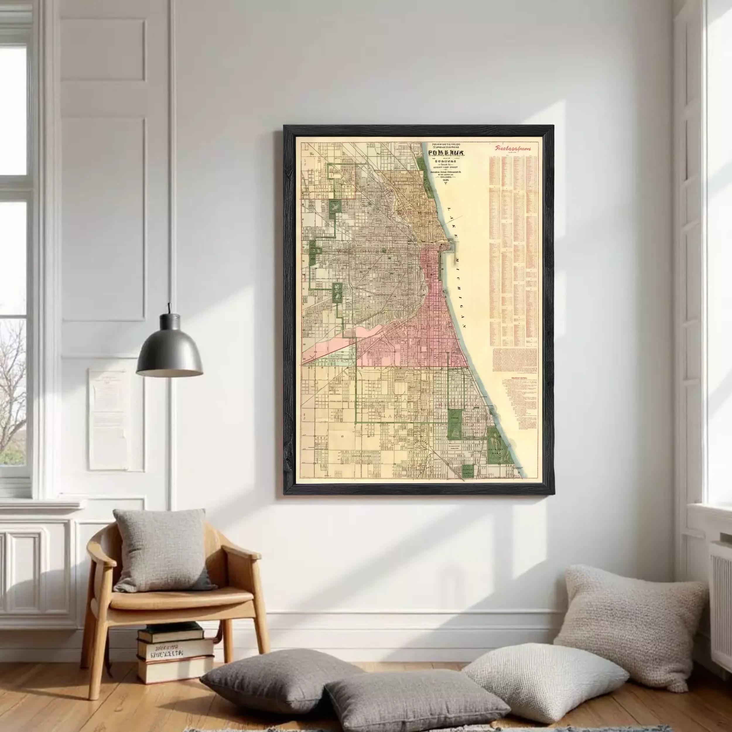 The image is a framed vintage map of Chicago, Illinois, USA.