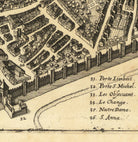 The image is a detailed black and white map of a city, showing various buildings, streets, and landmarks.