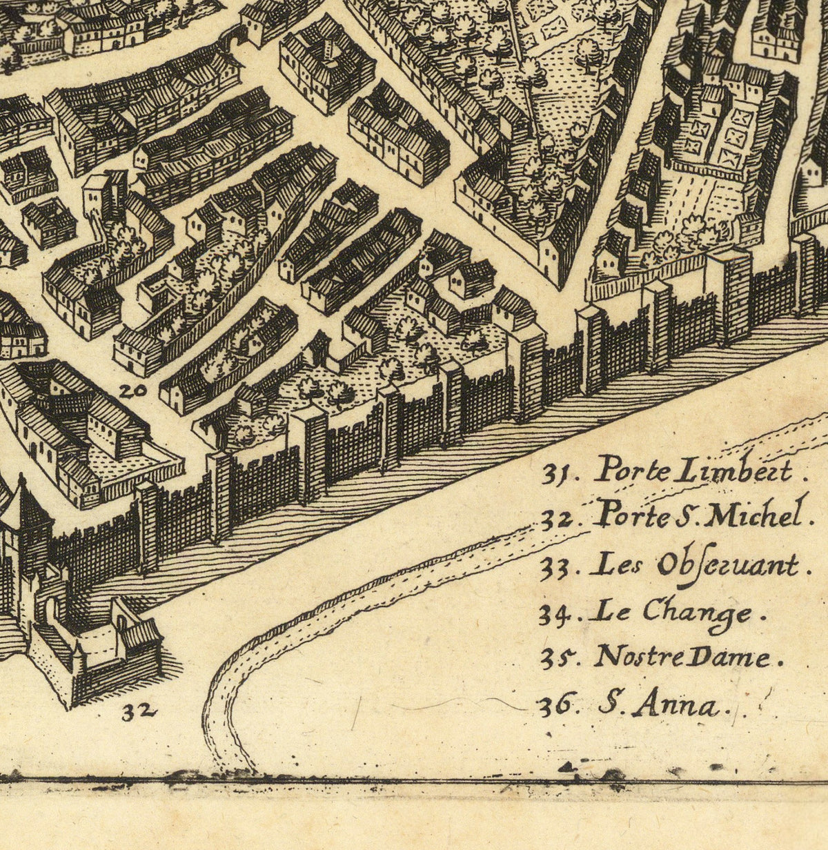 The image is a detailed black and white map of a city, showing various buildings, streets, and landmarks.