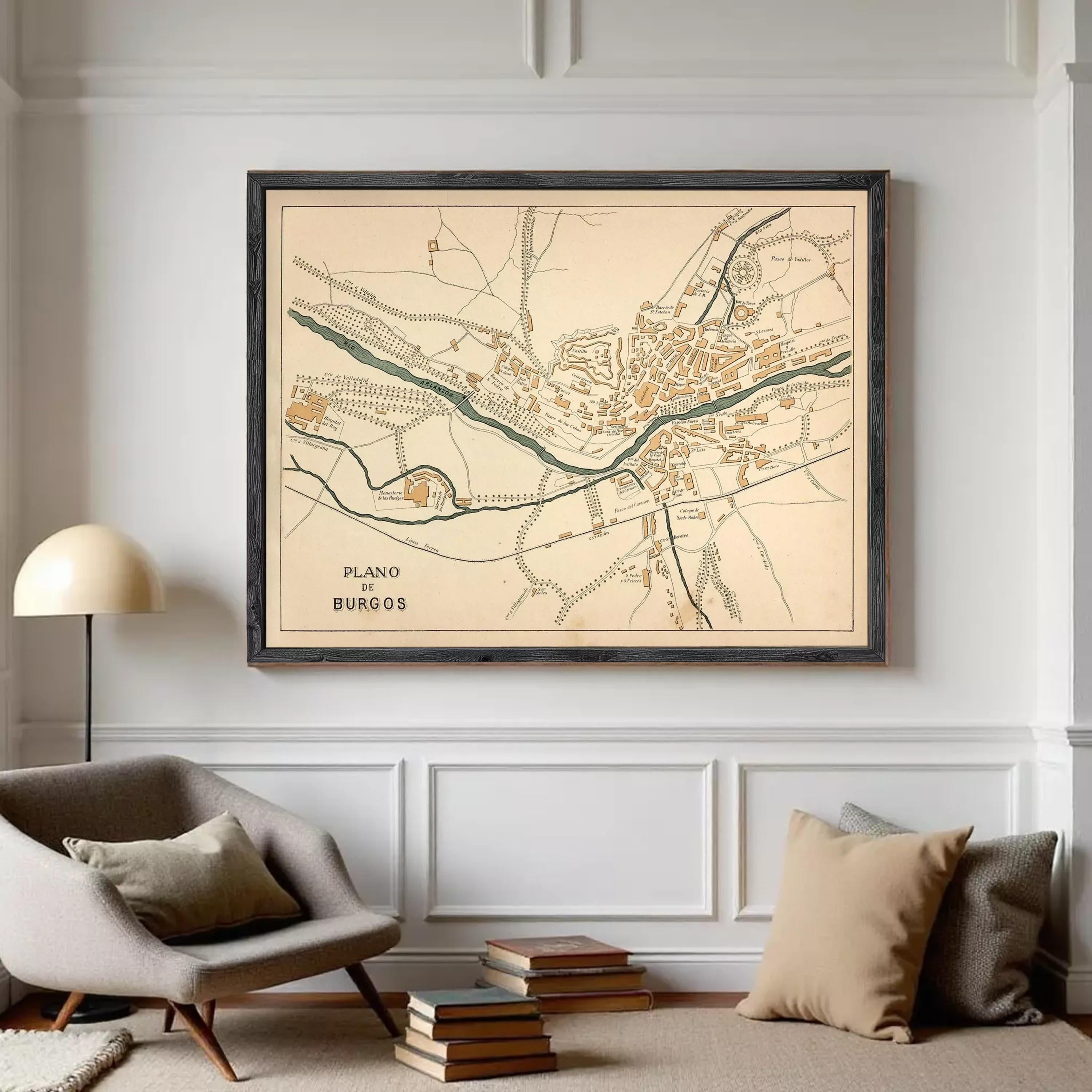 The image is a framed map of the town ofBURGOS, depicting the layout and surrounding areas.