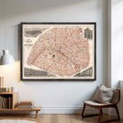 The image is a framed vintage map of Paris, France, depicting the city's streets and landmarks.