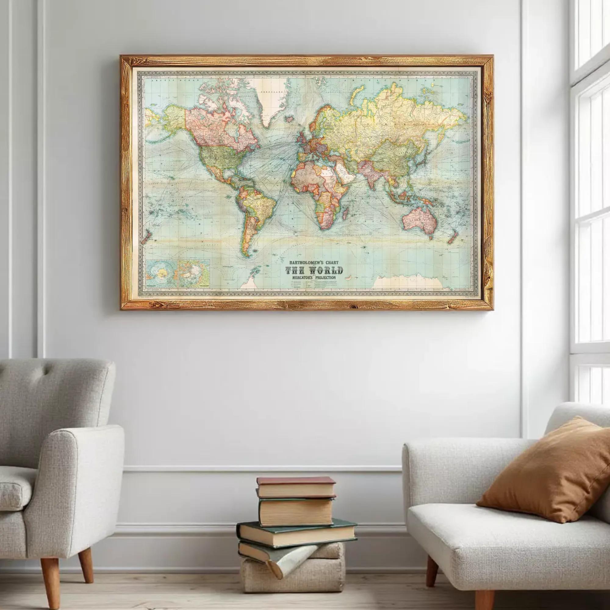 a large world map hanging on a wall, with a cozy living room setting below it.