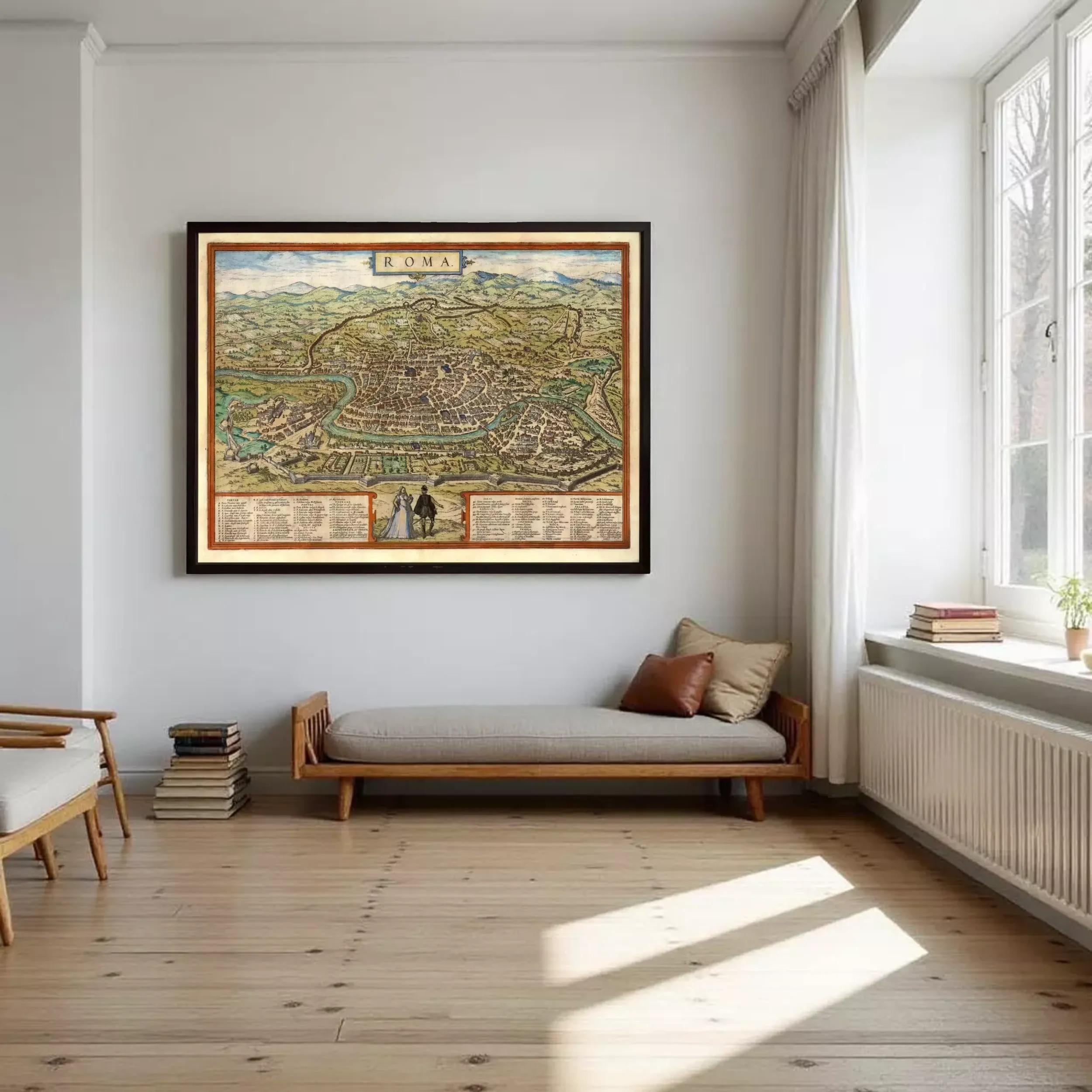a large framed map of Rome hanging on a wall, with a wooden bench and a stack of books placed nearby.
