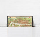 A framed map of London, featuring a detailed illustration of the city's streets, landmarks, and surrounding areas.