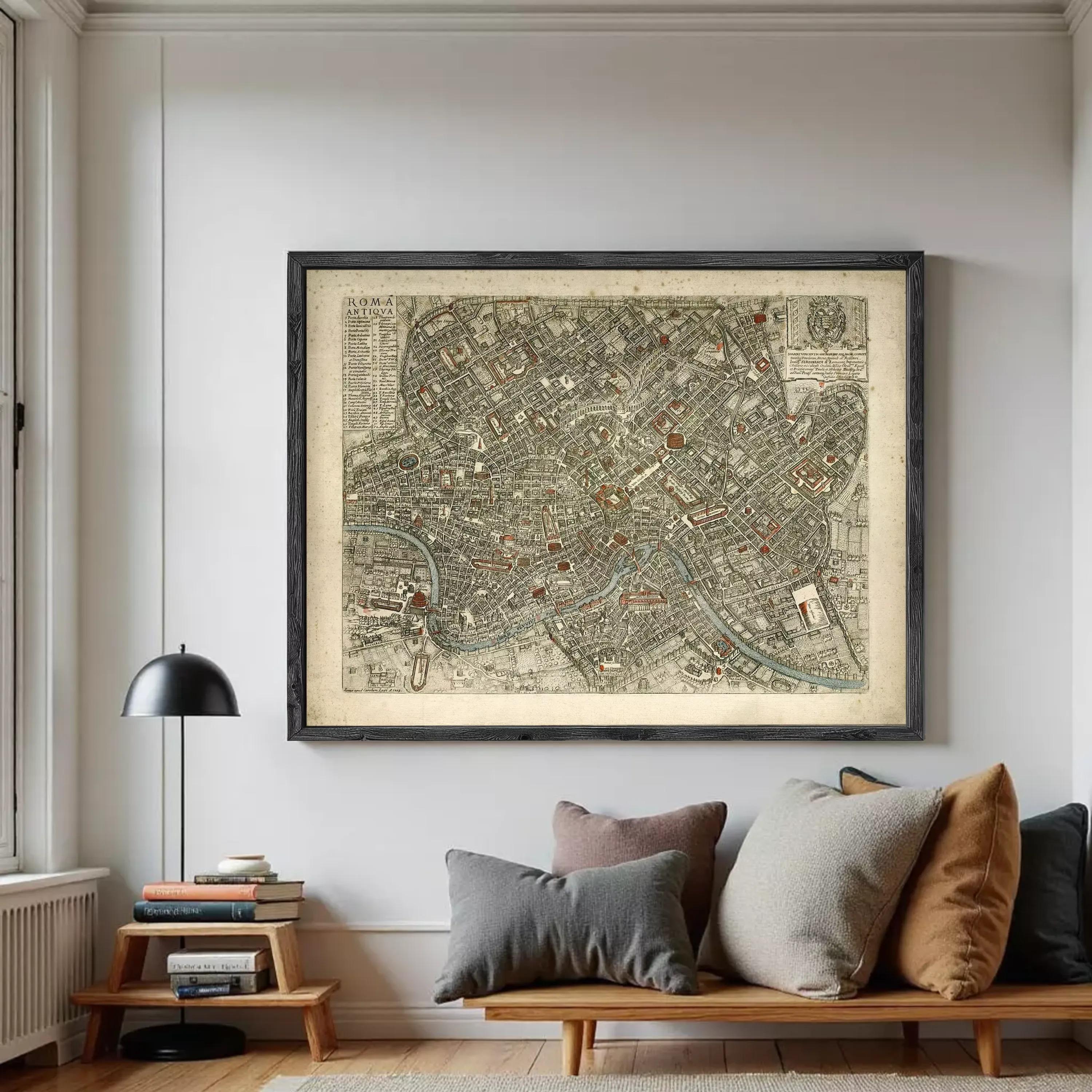 The image is a framed antique map of a city, likely Rome, with detailed street maps and landmarks.