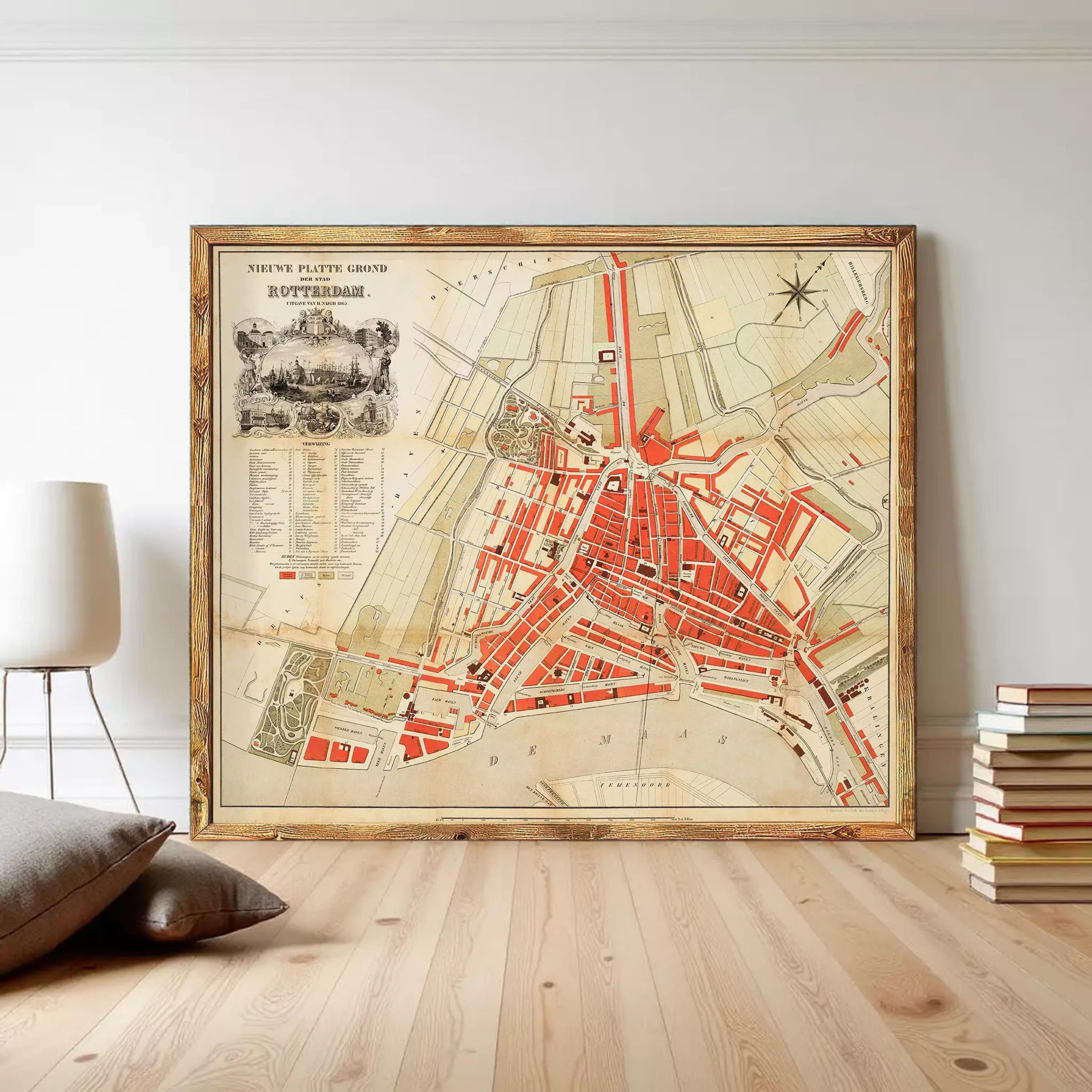 The image is a framed map of the city of Rotterdam, Netherlands, depicting the city's layout and surrounding areas.