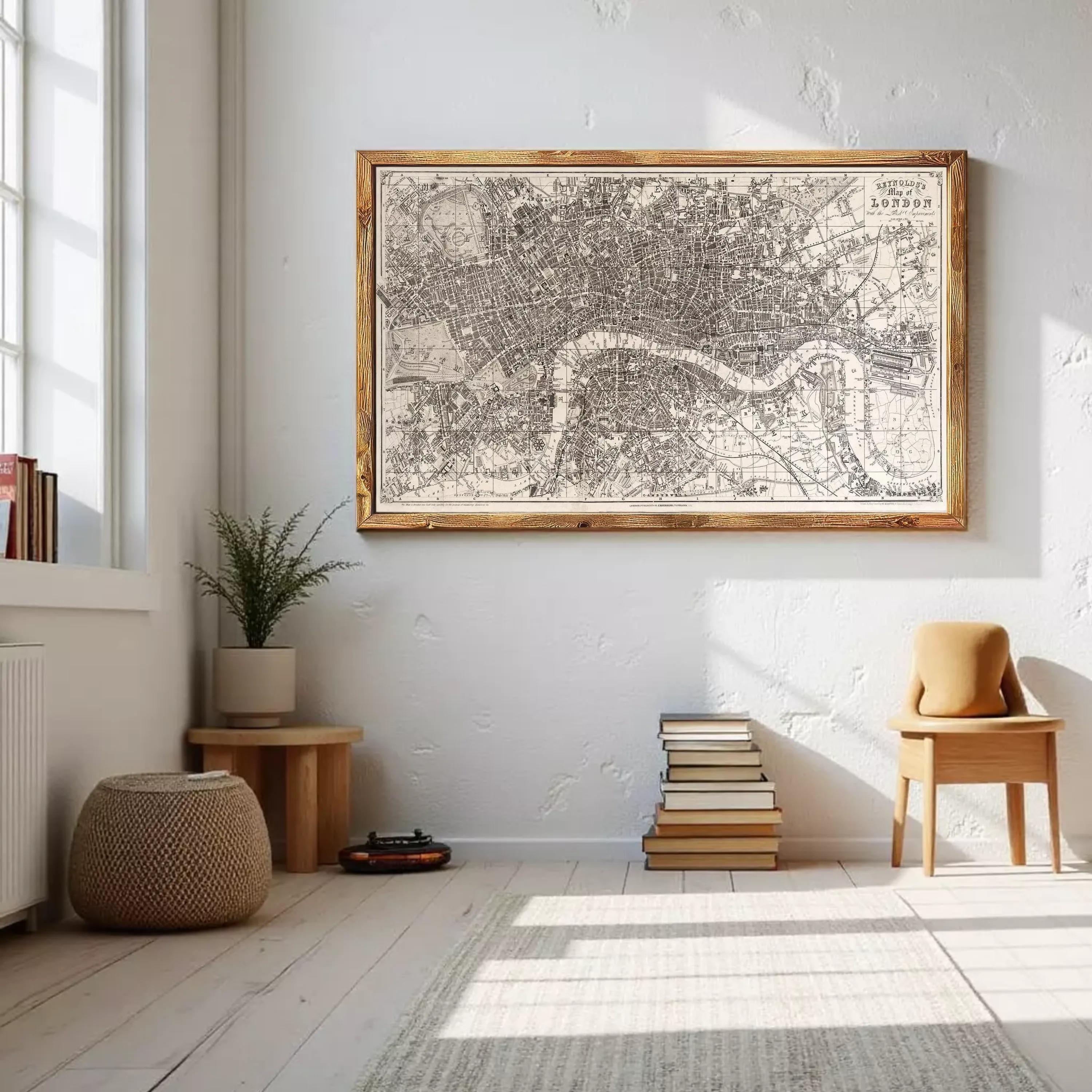 a large framed map of London hanging on a white wall, with a wooden chair and a stack of books placed nearby.
