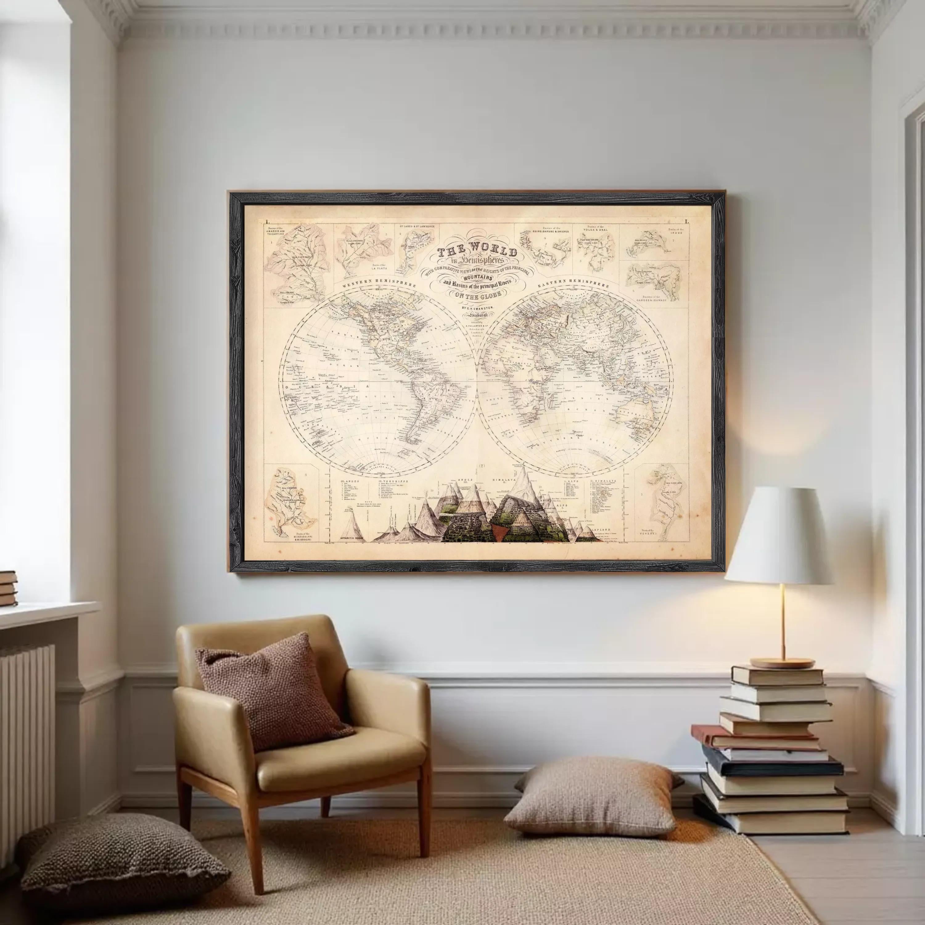 The image is a framed vintage map of the world, depicting the continents and oceans in a detailed and intricate manner.