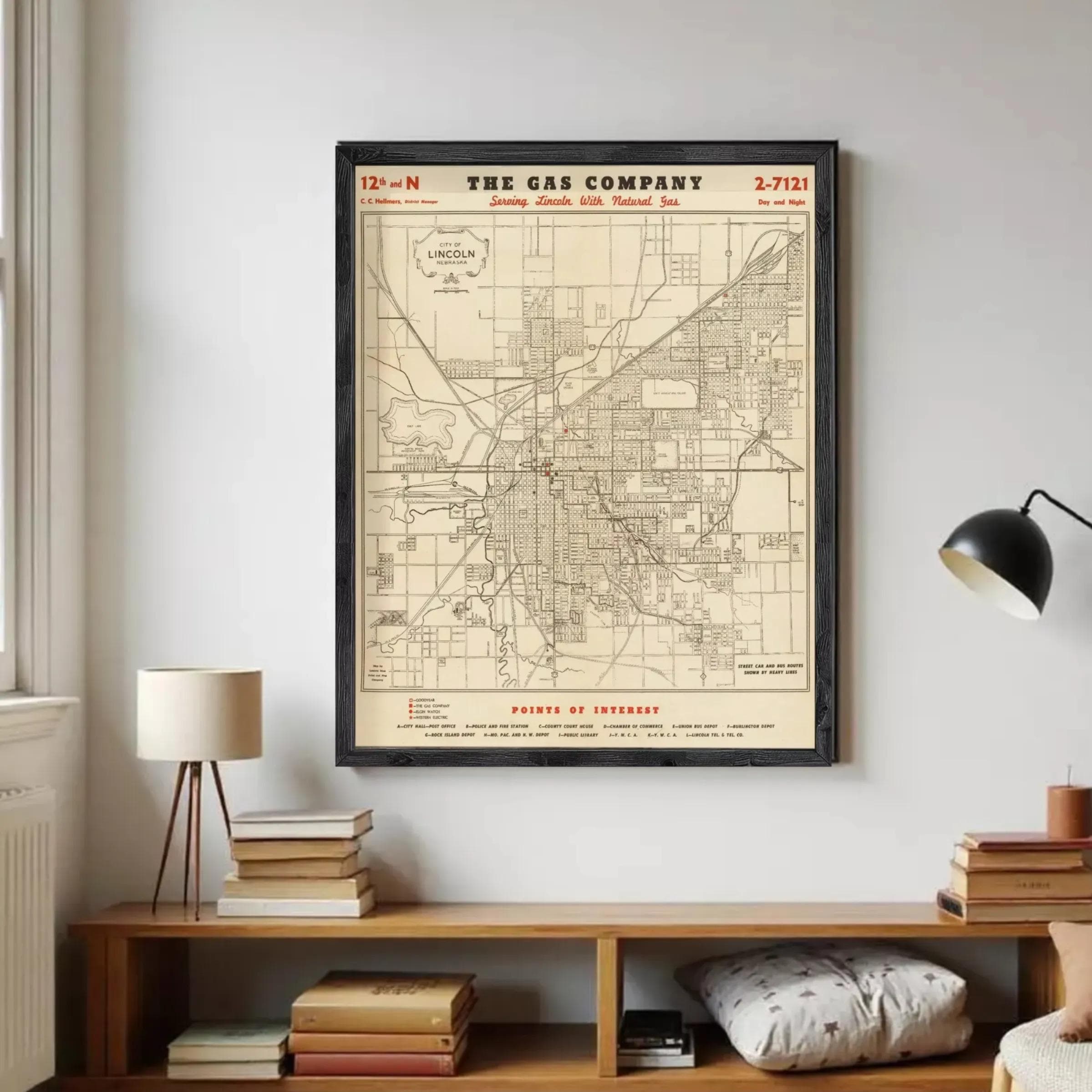 The image is a framed vintage map of the city of Lincoln, Nebraska, showing the layout of the city and surrounding areas.